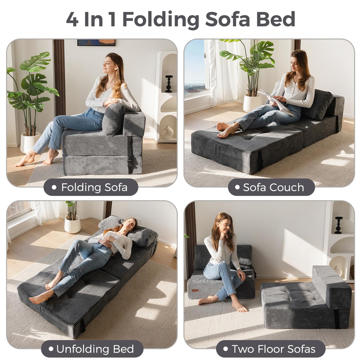 MAXYOYO Folding Sofa Bed, Convertible Sofa Bed with High-Density Support Foam, Portable 4 in 1 Fold Out Chair to Floor Lounger, Versatile Floor Couch for Living Room Bedroom, Dark Grey