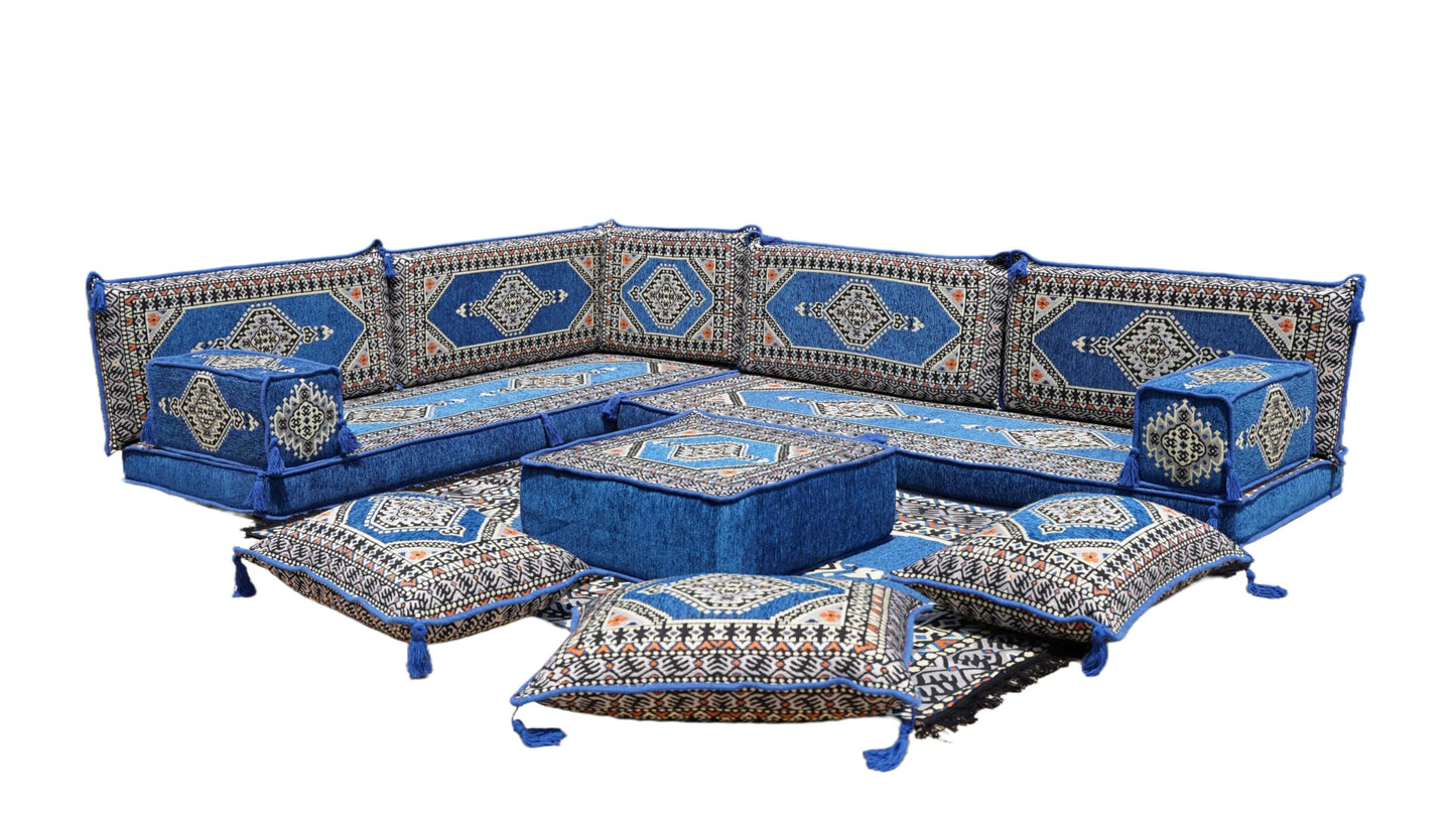 L Shaped Arabic Floor Cushions, Sectional Sofas, Arabic Majlis Set, Custom Made Sofa, Arabic Sofa Set, Seating Cushions (4'' Thickness Sofa, L Sofa Full Set, Royal Blue)
