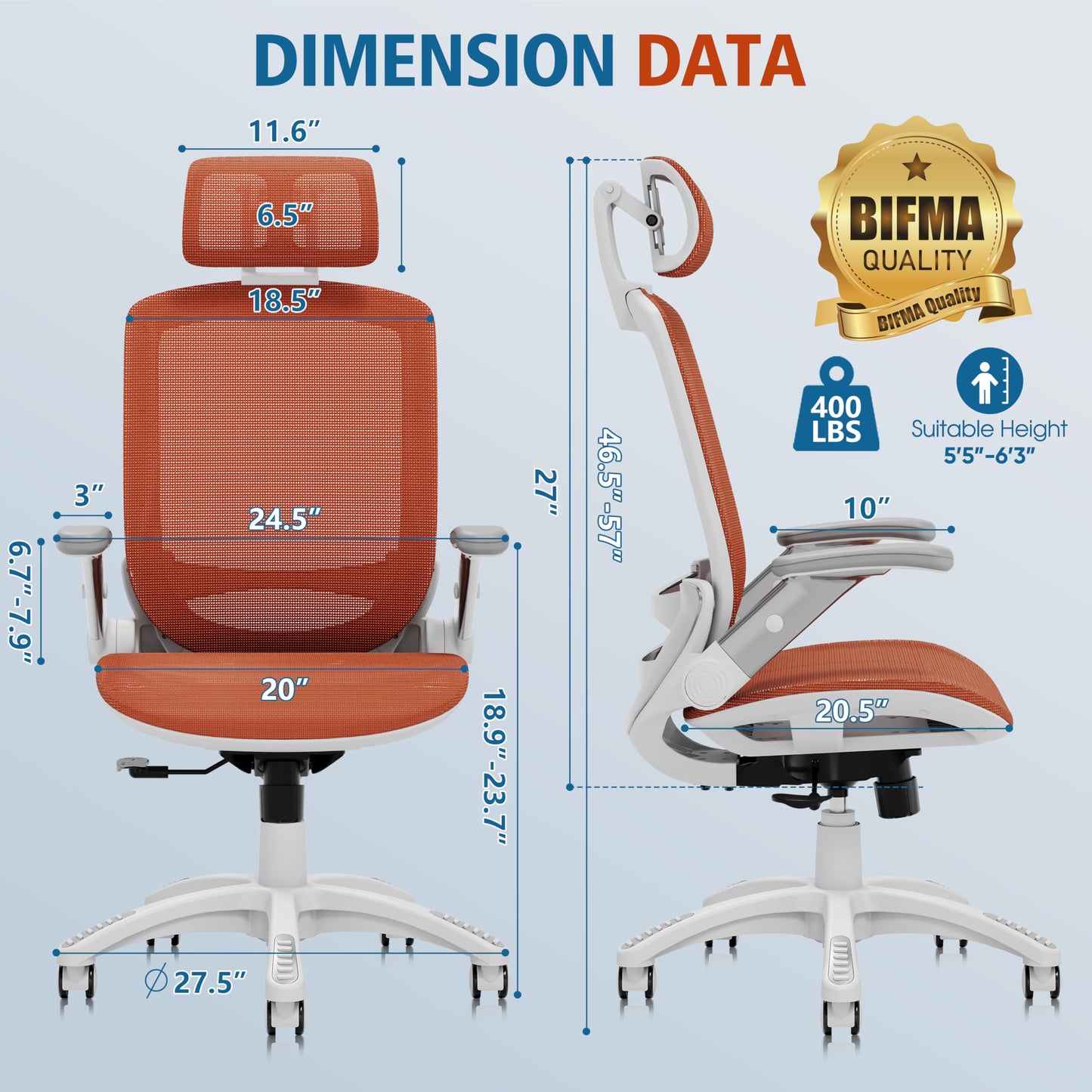 GABRYLLY Ergonomic Office Chair, High Back Home Desk Chair with Headrest, Flip-Up Arms, 90-120° Tilt Lock and Wide Cushion, 400LBS Mesh Chairs for Man Woman, White Task Chair(Orange,GY01WOR)