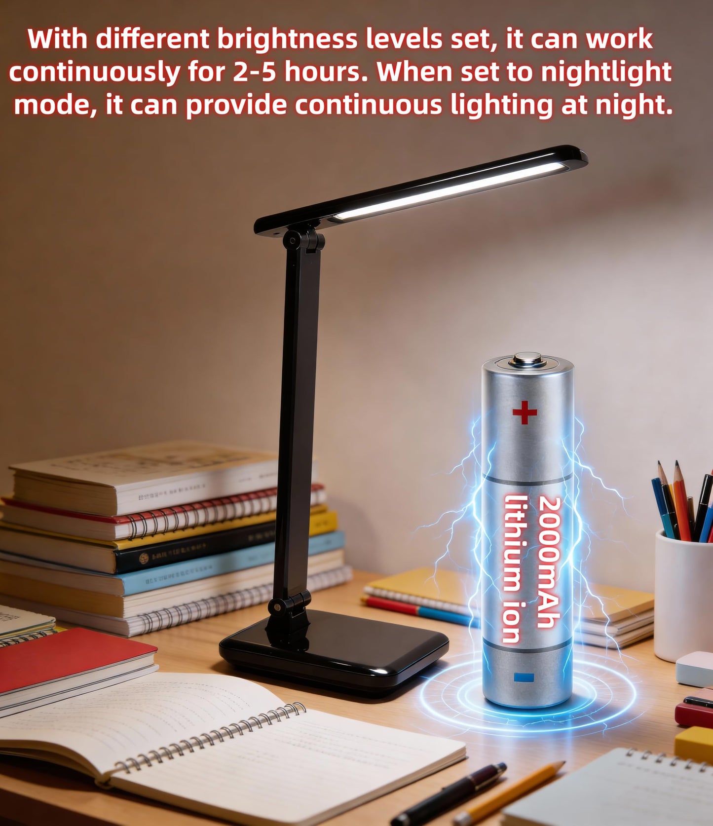 LED Portable Bright Rechargeable Desk Lamp, battery operated desk lamp, lithium battery 2000MAH,study table lamp Adjustable Modern Cordless Table Lamps For Office Home Nail Craft Puzzle black
