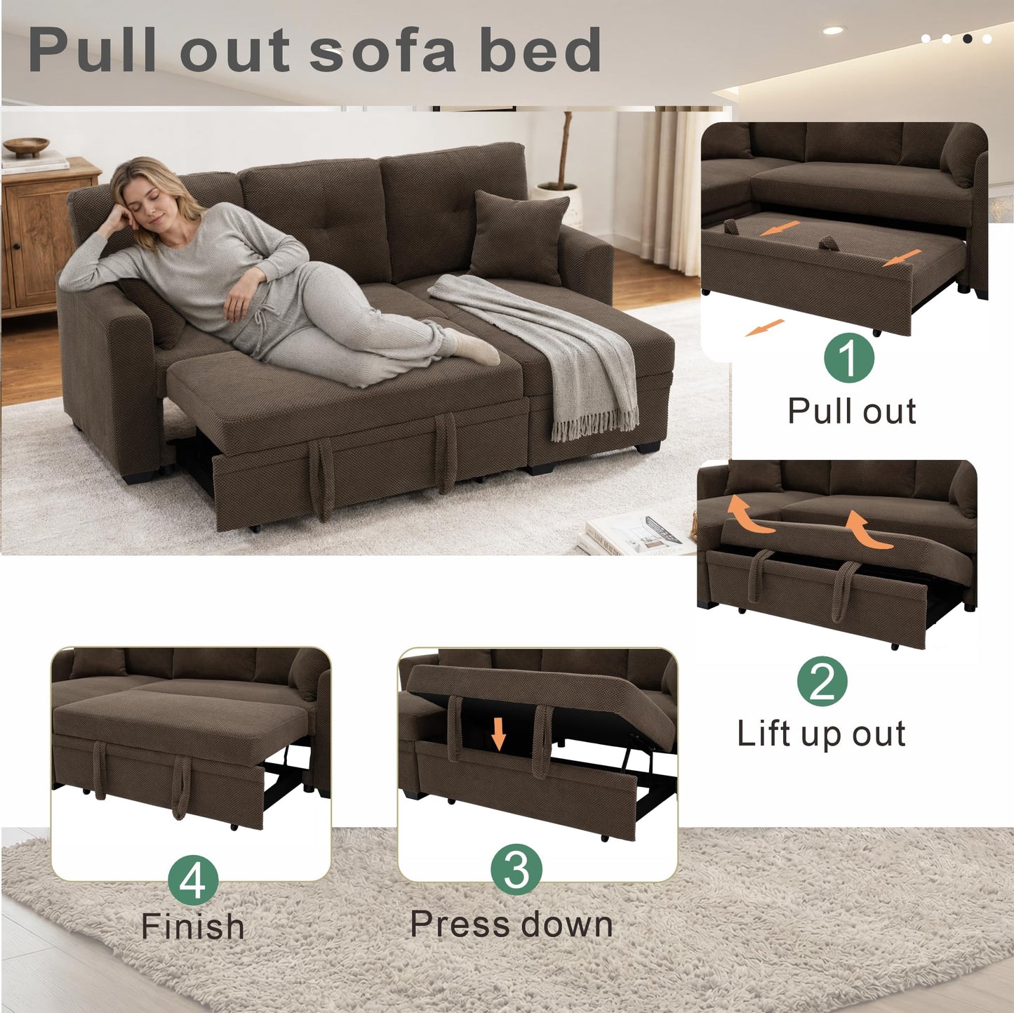 WuerQi 71" Sofa Bed with Queen Size Pull Out Couch, Sectional Sleeper Sofa with Reversible Storage Chaise, L Shaped Couch for Living Room, Apartment and Small Spaces (Coffee-L Shaped)