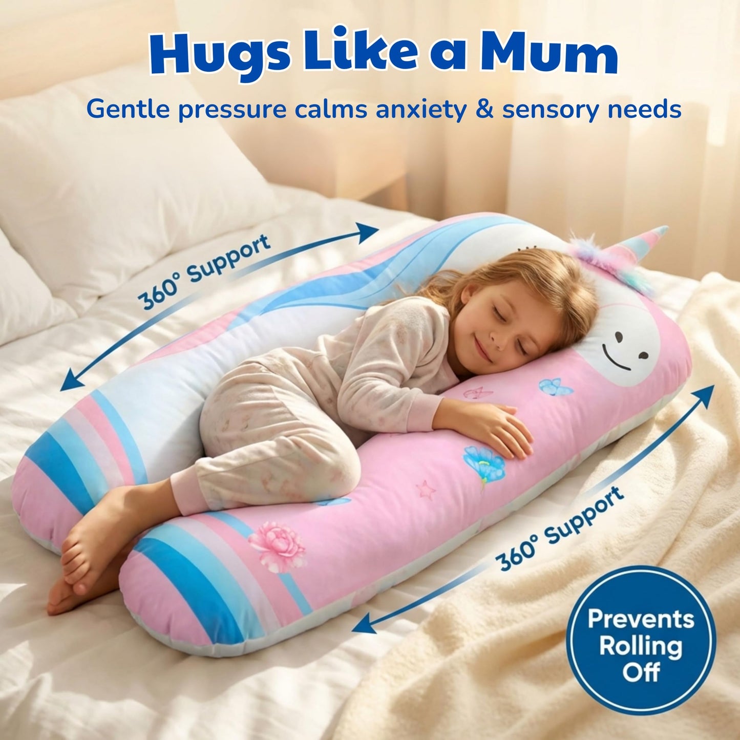 LUNAMIRA Unicorn Kids Body Pillow - 47" U-Shape Long Plush Soft Animal Pillow for Sleeping, Reading, ADHD & Special Needs Comfort, Anxiety, Washable Cover, Snuggle Cuddle for Boys & Girls