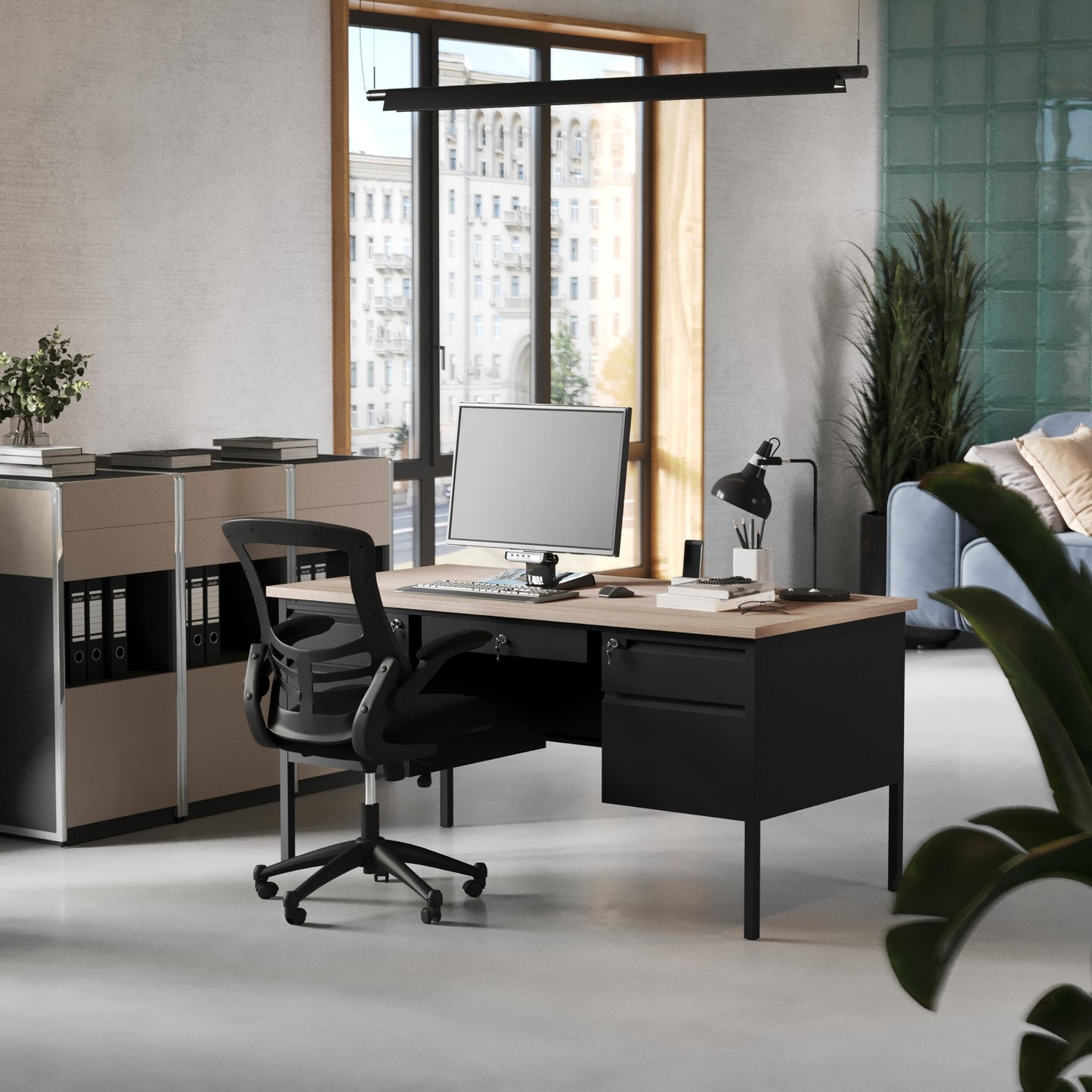Flash Furniture Cambridge Double Pedestal Desk with 5 Locking Drawers, Commercial Grade Teacher's or Office Desk, 30x60, Metal Frame, White Oak/Black