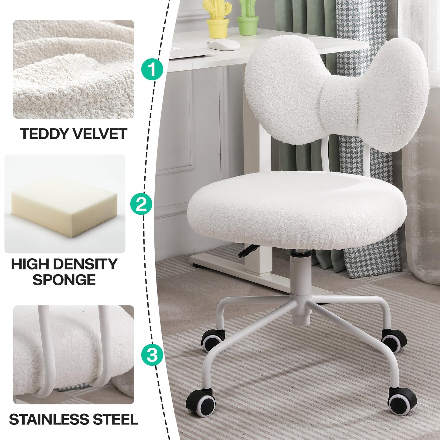 Shiepu Cute Desk Chair with Back,Comfy Small Office Chair with Wheels, Armless Adjustable Rolling Swivel Computer Chair for Home Office,Make-up Room,Bedroom,Vanity Chair for Girls,Teddy Velve,White