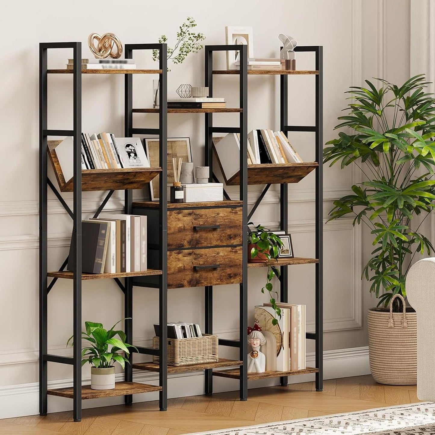 CHOEZON 3-Column Bookcase, 55.1" Bookshelf with 2 Non-Woven Fabric Drawers and V-Shaped Shelves, Display Storage Shelf for Living Room, Office, Study, Rustic Brown and Black TSJ03BF