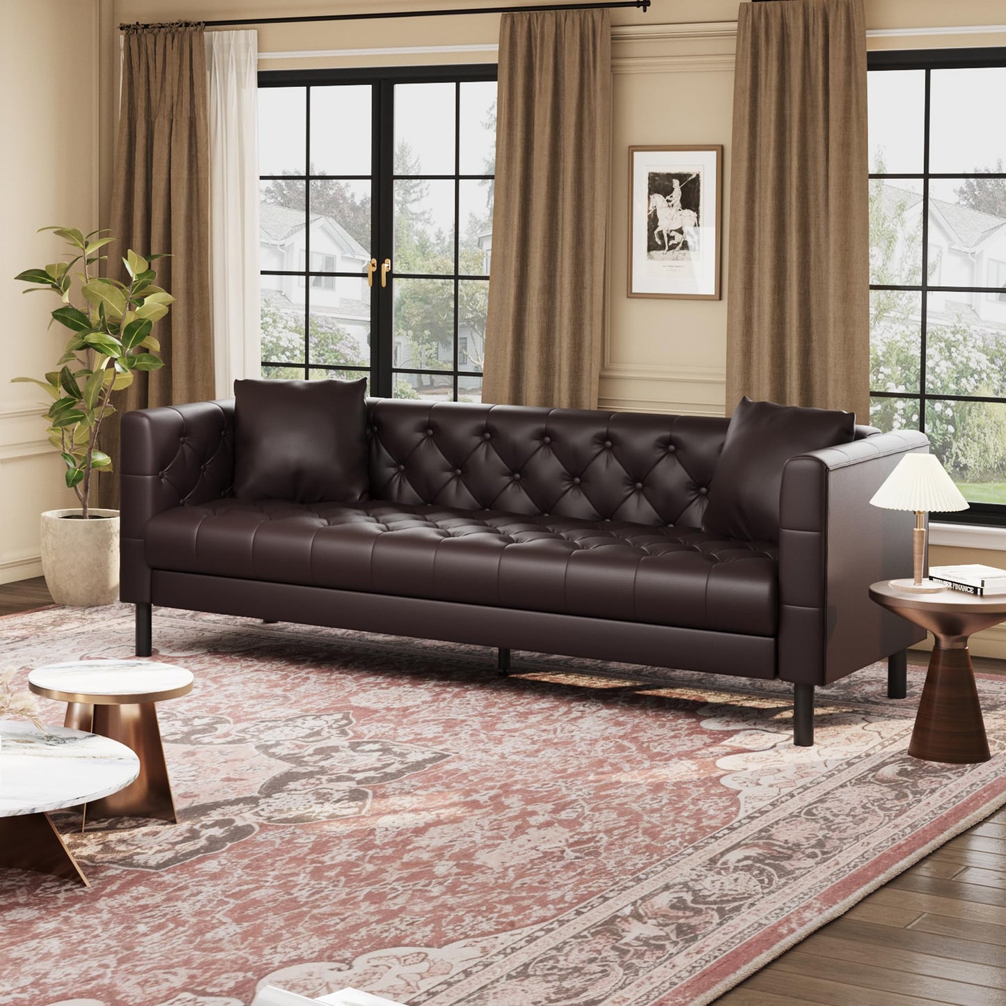 GarveeHome 81 in Leather Couch for Living Room, Modern Sofa Couch with Deep Seat and 2 Pillows, Handmade Button Tufted 3 Seater Sofa, Leather Sofa for Apartment or Office, Dark Brown