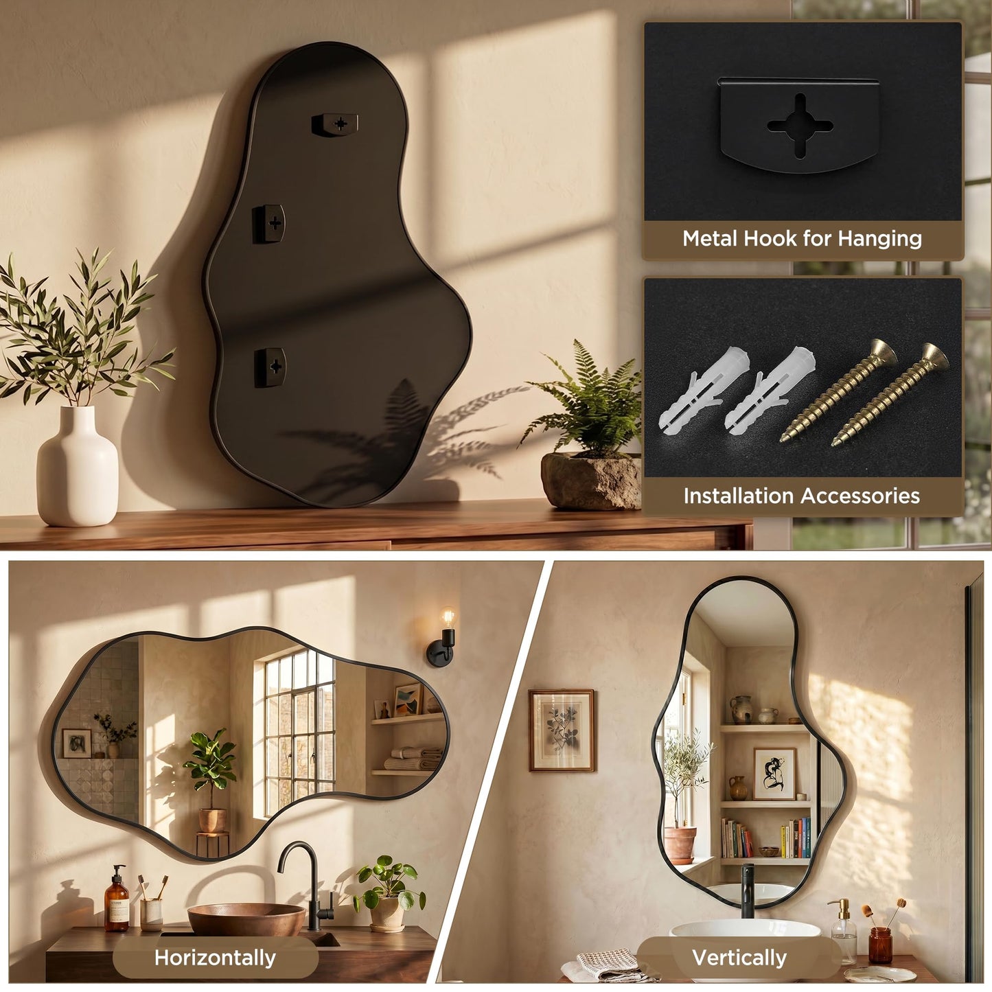 Fahomiss Irregular Wall Mirror, 22"x36" Black Abstract Asymmetrical Mirrors for Wall, Decorative Cloud Aesthetic Mirror for Bathroom, Bedroom, Cloakroom, Entryway, Shatter-Proof Aluminum Alloy Frame
