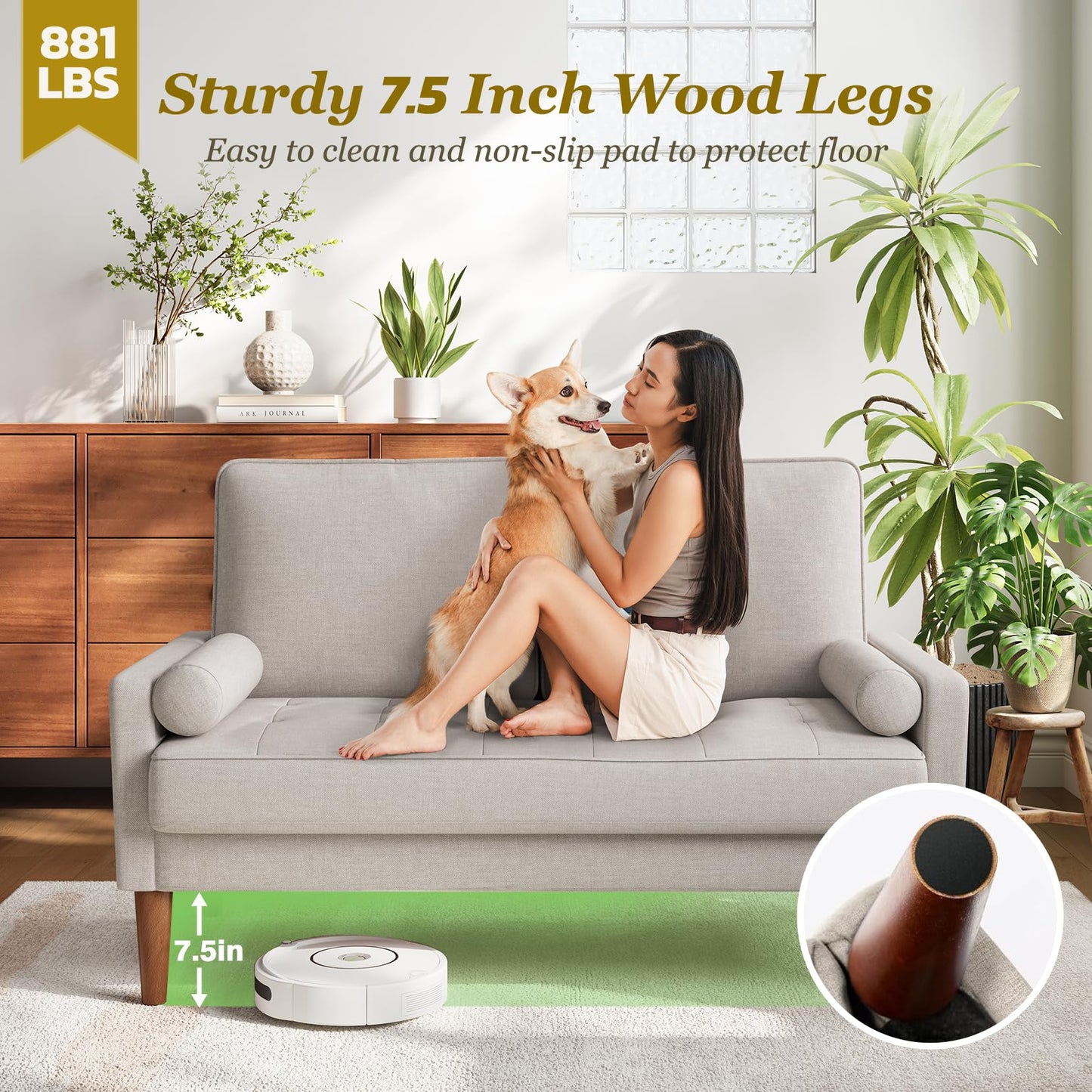 Vesgantti Loveseat Sofa with Solid Wood Legs, 48" Small Couches for Small Spaces, Love Seat for Living Room, Bedroom, Easy Assembly Mid Century Modern Couch with Throw Pillow for Apartment, Ashbeige