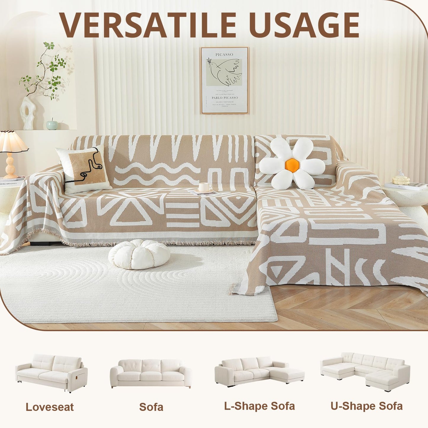 Royhom Sectional Couch Covers 2 Pieces, L Shaped Couch Cover Blanket, Boho Sofa Covers Washable, Sofa Slipcover with Tassel, Suitable for All Seasons (71"x110"+71"x118", Khaki)