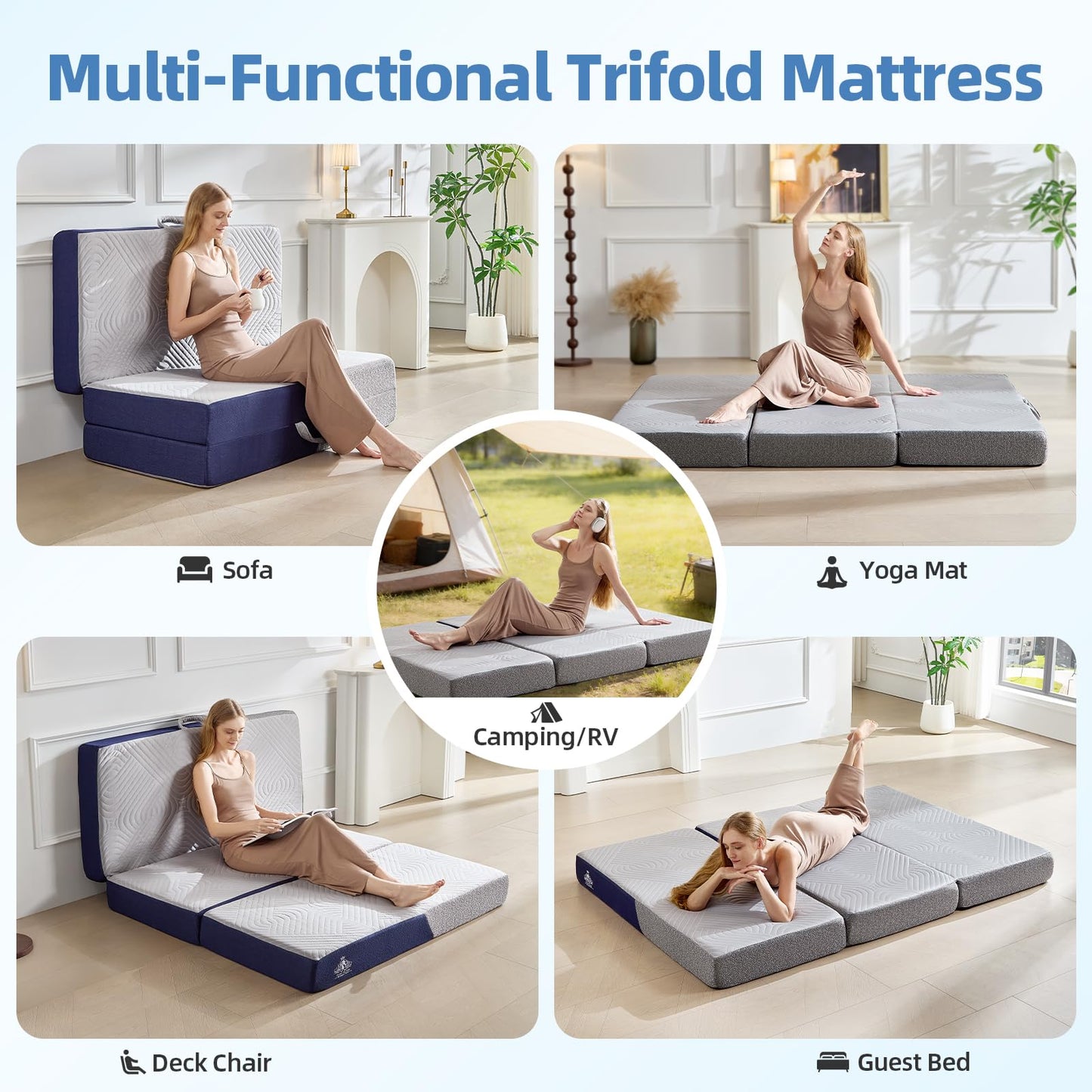 Lansteen Cooling Foldable Mattress, 6 Inch Memory Foam Mattress/Topper With Cold Breathable Effect, Trifold Mattress For Murphy Bed, Portable Folding Floor Bed For Guest, Camping, Travel, Yoga - Queen