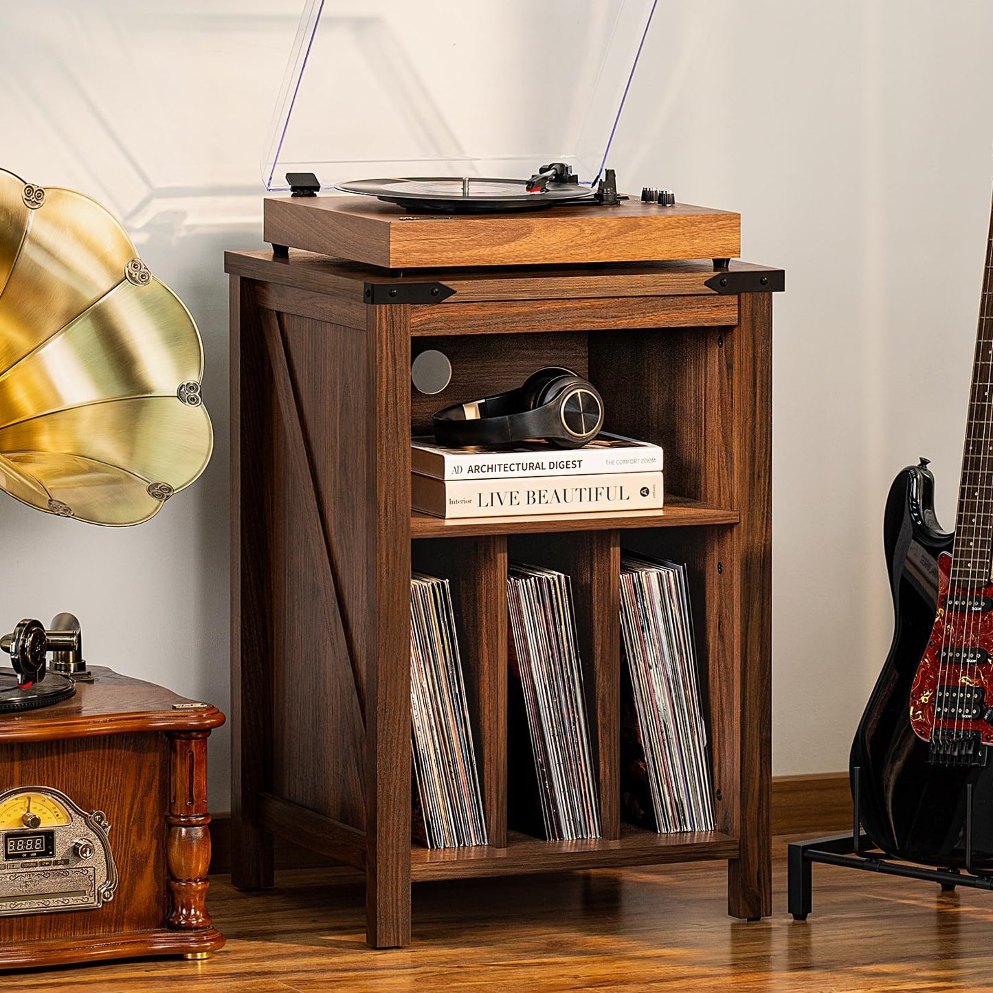 Joaxswe Record Player Stand with Vinyl Record Storage,Rustic Brown Record Player Table Holds up to 160 Albums,Large Wood Turntable Stand Cabinet Dispaly Shelf for Living Room,Bedroom,Office