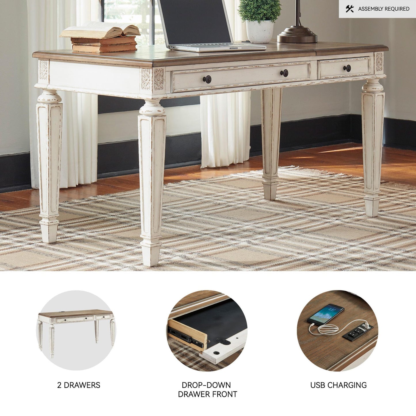 Signature Design by Ashley Realyn Farmhouse Home Office Desk, 2 Drawers, Drop-down Drawer, USB Charging, Wood, 60" W x 28" D x 31" H, Chipped White and Brown