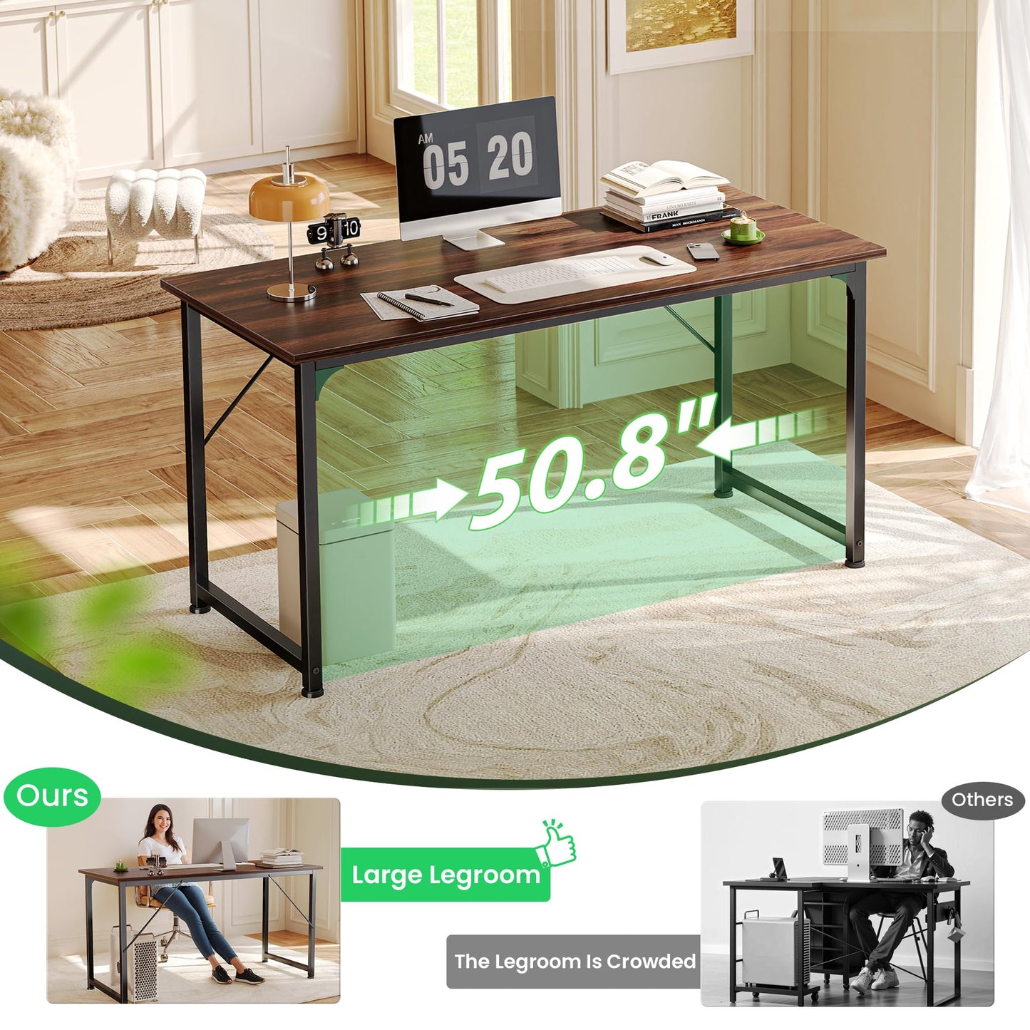 Huuger Computer Desk, 54 Inch Office Desk, Gaming Desk with Storage, Writing Desk Work Desk for Home Office, Study, Modern Simple Desk, Large Legroom, Metal Frame, Walnut