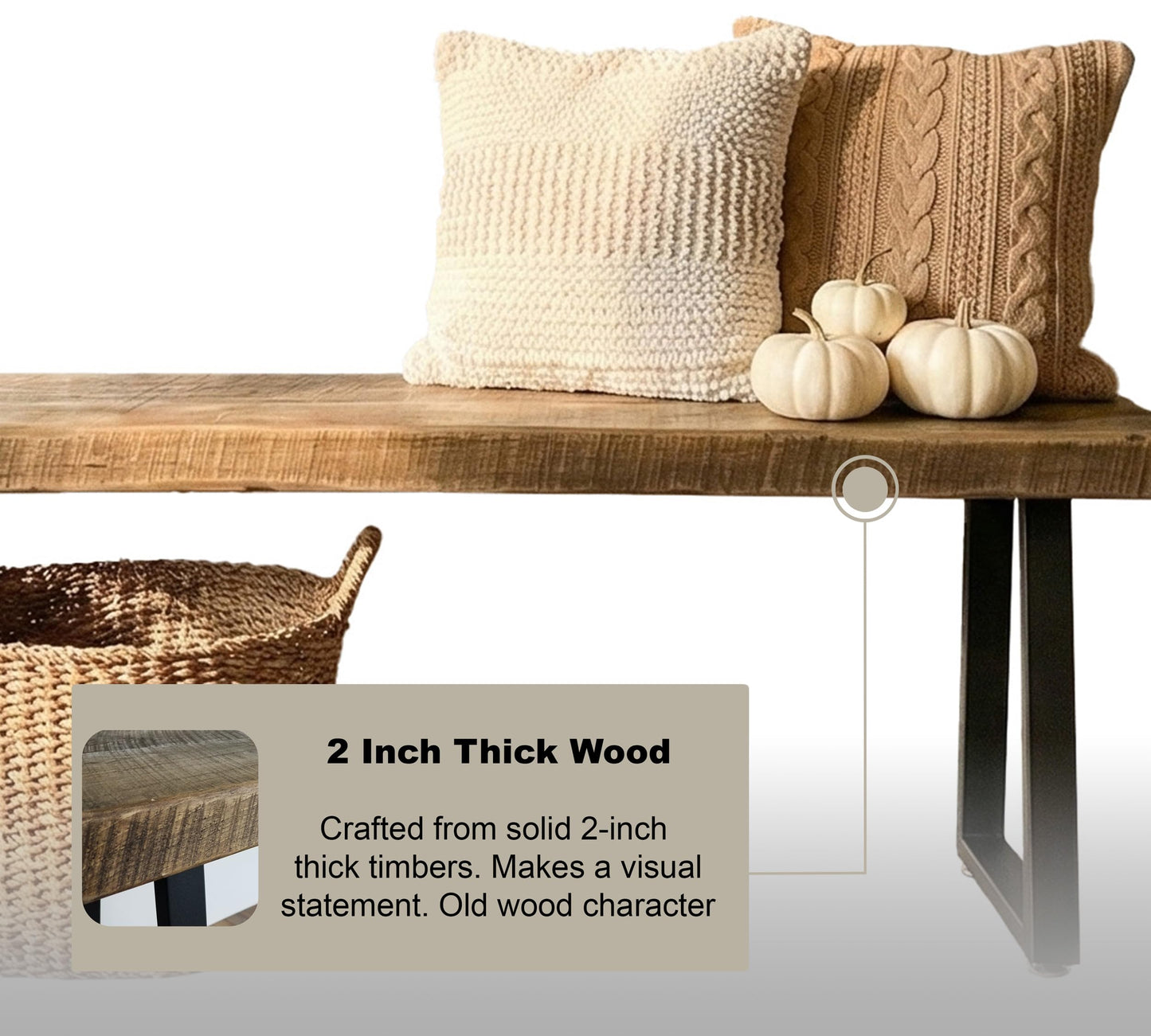 MY VINTAGE FINDS Rustic Revival Reclaimed Barnwood Bench, Solid Wood with Metal Base, Modern Farmhouse Style, 2-Inch Thick Top, for Entryway, Bedroom, Living Room (38x12)