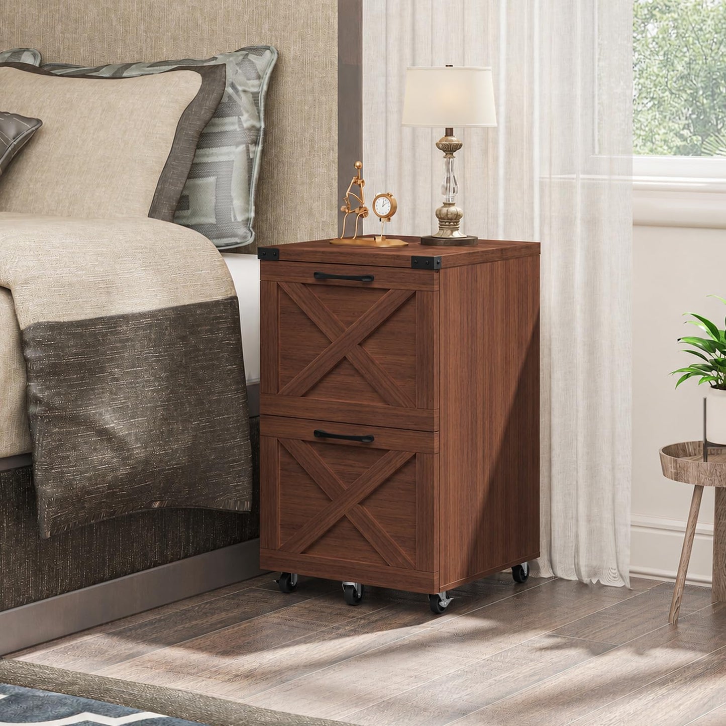 Halitaa 2 Drawer Small File Cabinet with Wheels, Farmhouse Vertical Filing Cabinet Fits A4/Letter Size, Under Desk Rolling File Cabinets for Home Office, Wooden Printer Stand, Walnut
