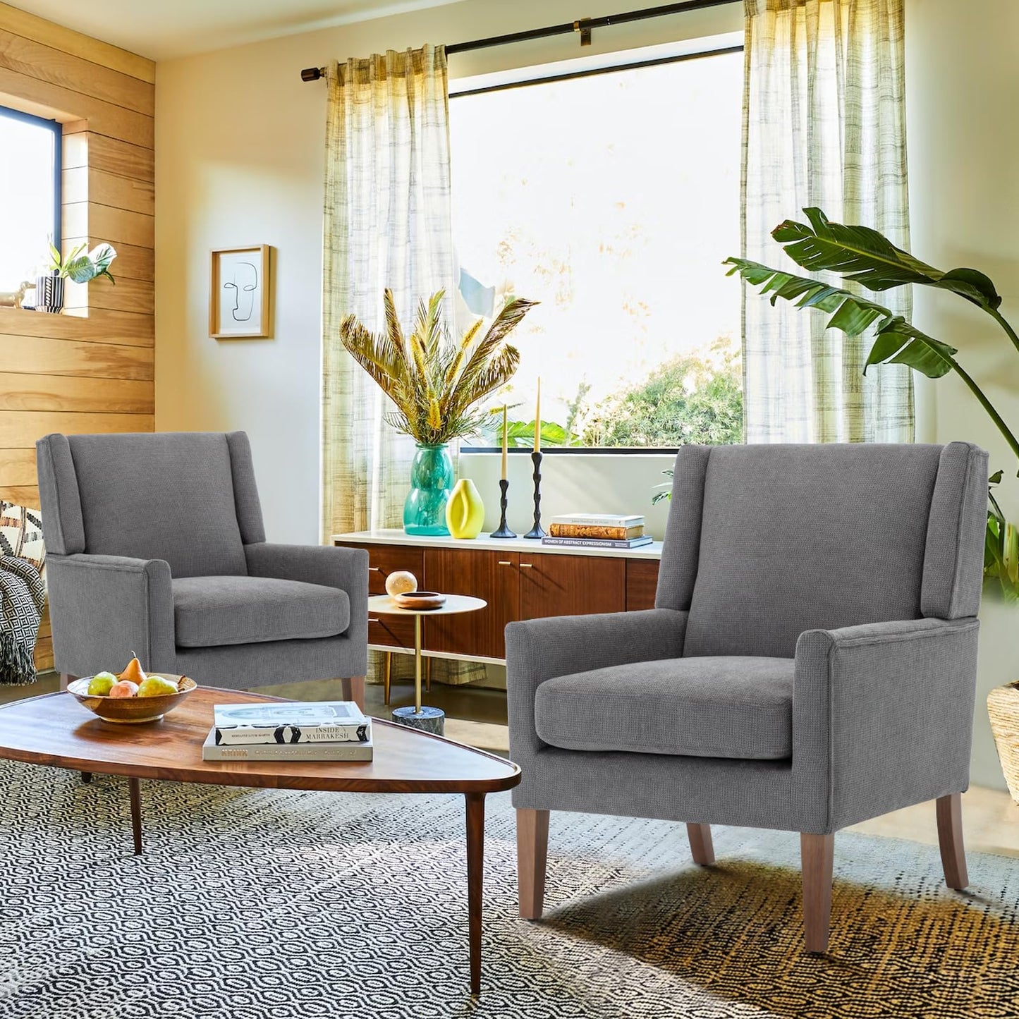 COLAMY Modern Wingback Living Room Chair Set of 2, Upholstered Fabric Accent Armchair, Single Sofa Chair with Lounge Seat and Wood Legs for Bedroom/Office/Reading Spaces, Gery