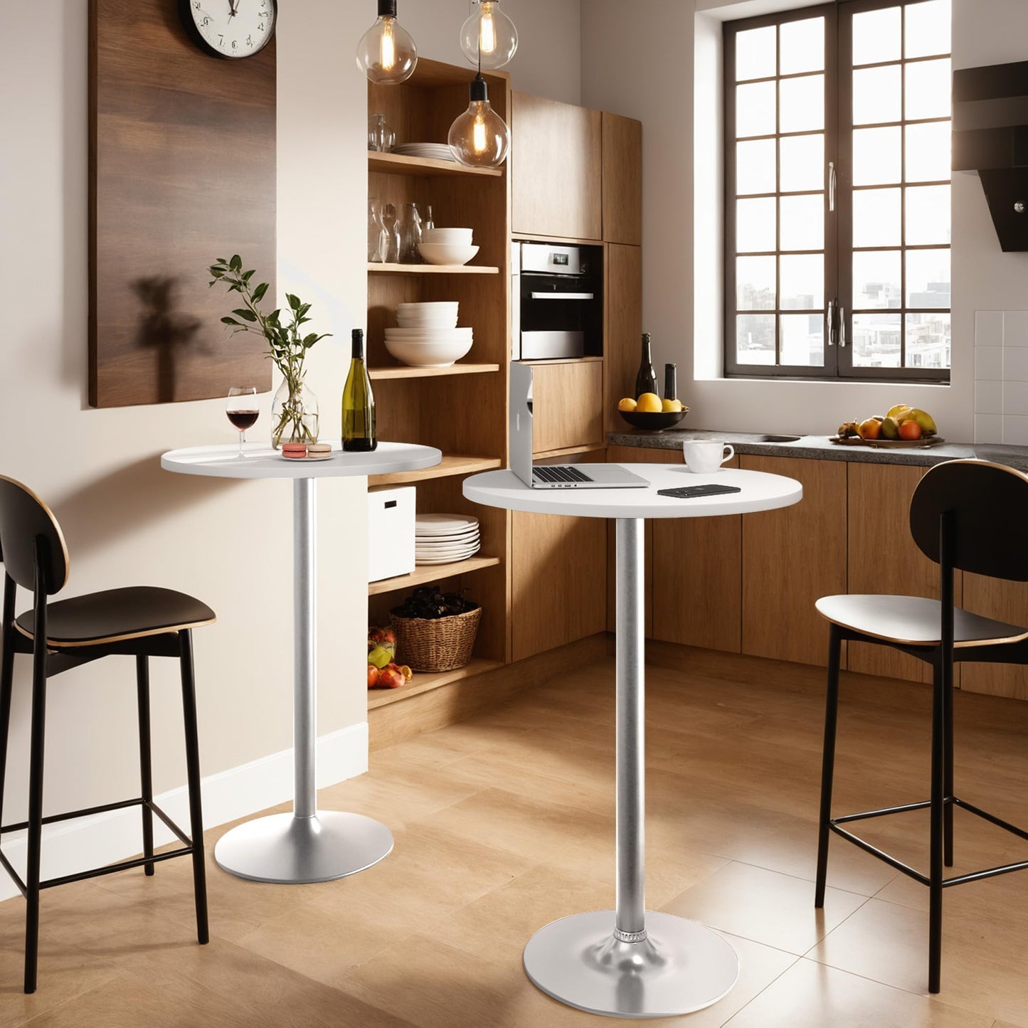 Furmax Bistro Pub Table Round Bar Height Cocktail Table for Home Bar, Small Round Bar Tables for Party, Dining Room, Living Room and Wedding, Metal Base MDF Top Obsidian, 40.6 Inch Height (2, White-2)