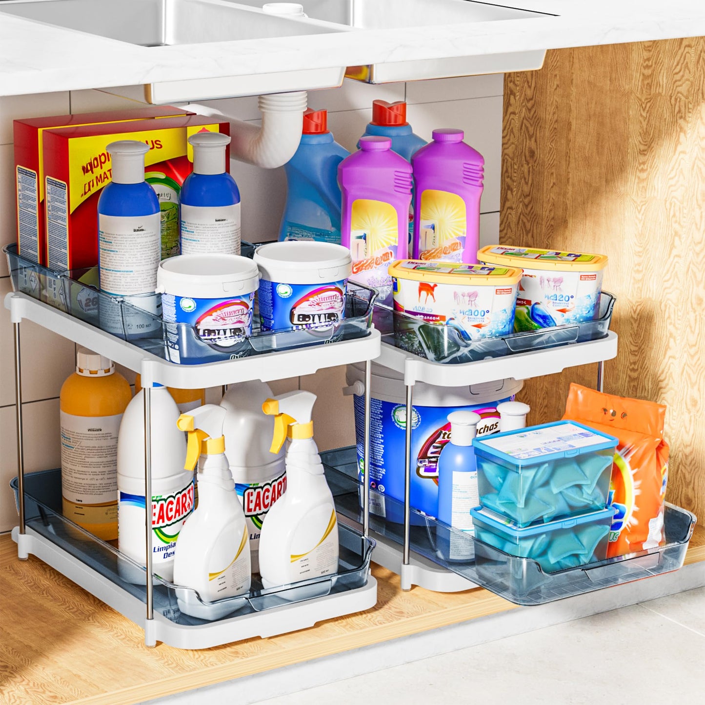 Delamu 2-Tier Multi-Purpose Bathroom Under Sink Organizers and Storage, Stackable Kitchen Pantry Organization, Pull Out Medicine Cabinet Organizer with Movable Dividers, Blue, 2 Pack