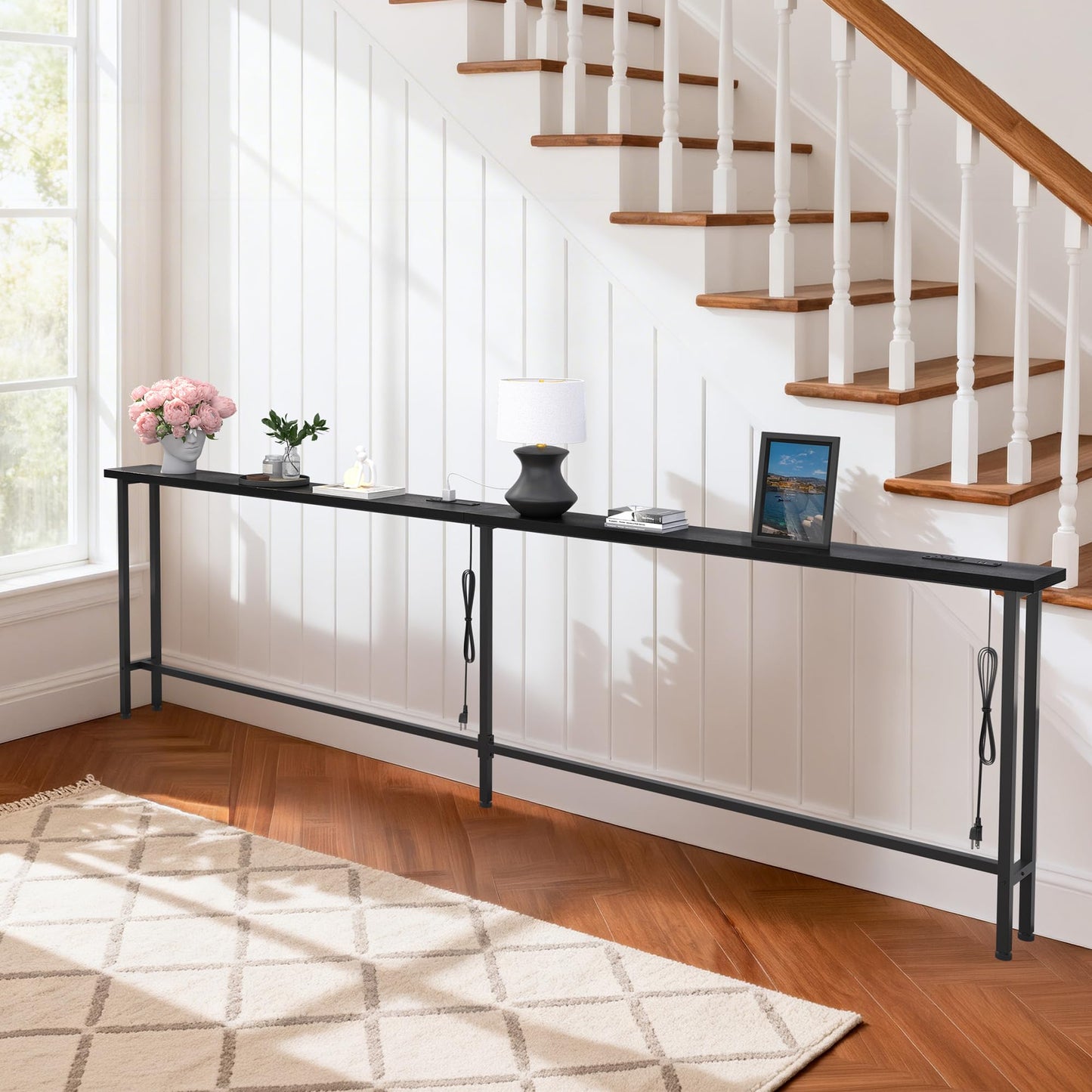 GRLEAF 90" Sofa Table with Built-in Power Strip (4 AC Outlets & 4 USB Ports) – 4.9ft Power Cord, Metal Frame, Easy Assembly, Long Couch Table Behind Sofa, Living Room and Home Office | Black