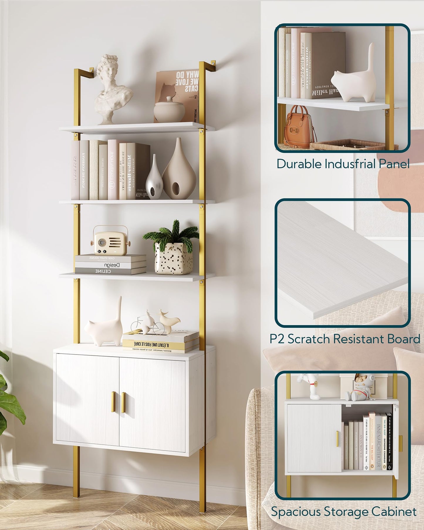 Yusong 73" Tall Bookshelf with Cabinet, Industrial Ladder Wall Mount Shelf Bookcase with Wood and Metal Frame, Plant Shelf Wall Storage Display for Living Room Bedroom, White Gold