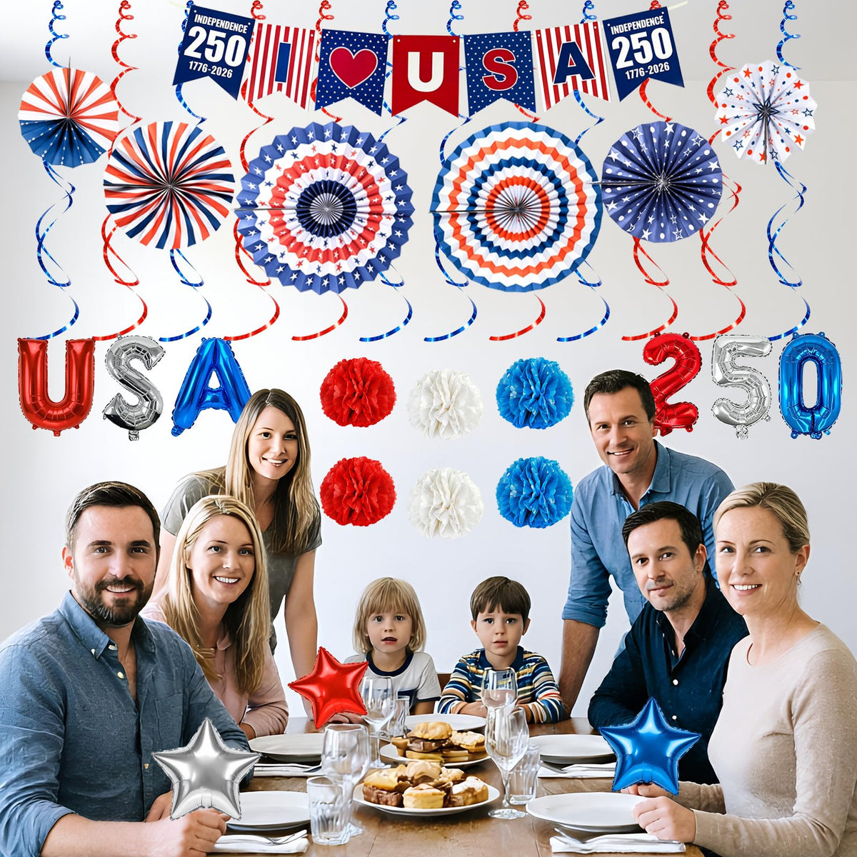 Onfunlee 4th of July Decorations Set, 34PCS Patriotic Memorial Day Decoration US 250th Anniversary Decor, Red White Blue Party Supplies with Paper Fans, Banner, Swirls, Pom Poms for Independence Day