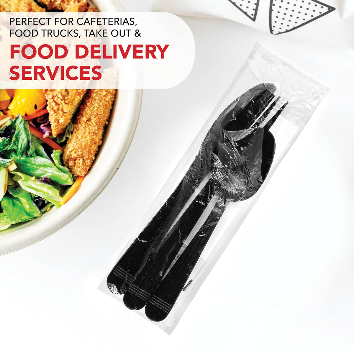 Party Essentials Individually Wrapped Plastic Cutlery Packets/Heavy Duty Silverware Kits, Fork/Spoon/Knife/Napkin/Salt/Pepper, 50 Utensils Sets, Black