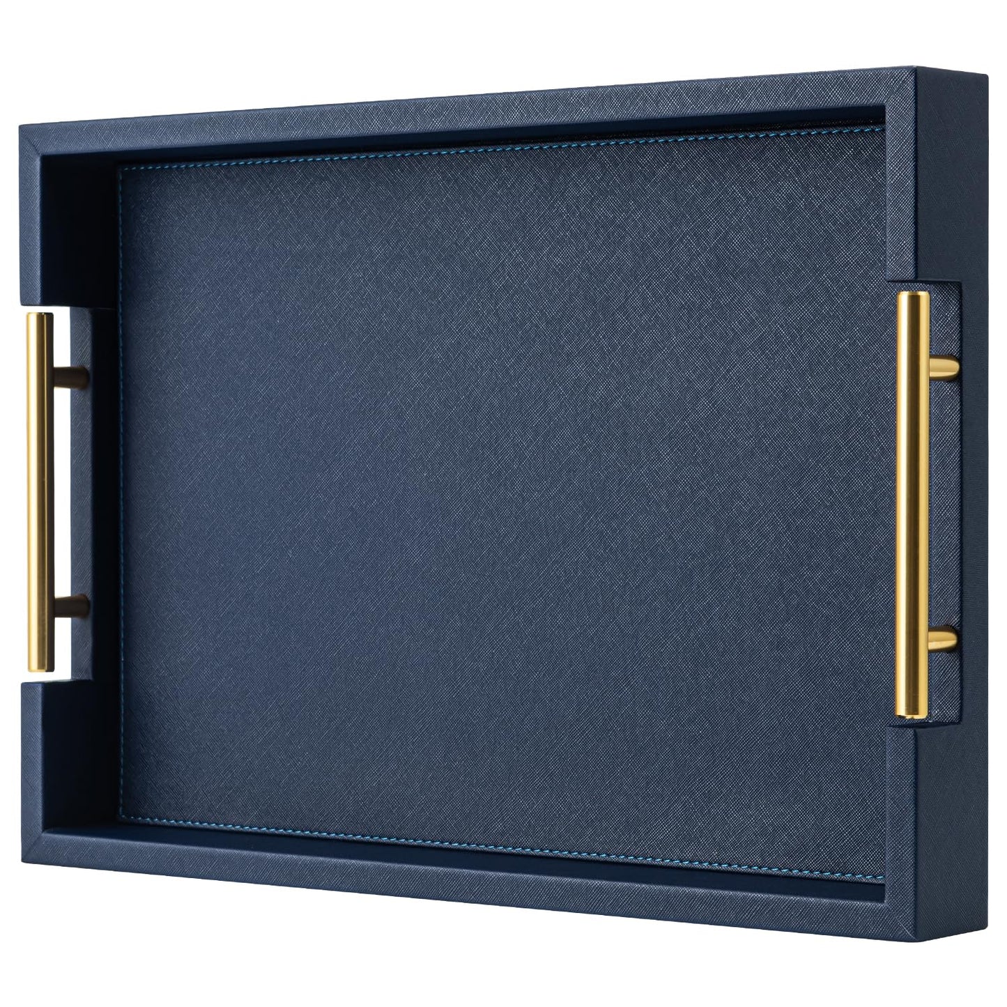 Navy Blue Faux Leather Serving Coffee Tray with Gold Handles,Rectangle Decorative Trays for Home Decor Large Ottoman Tray for Living Room
