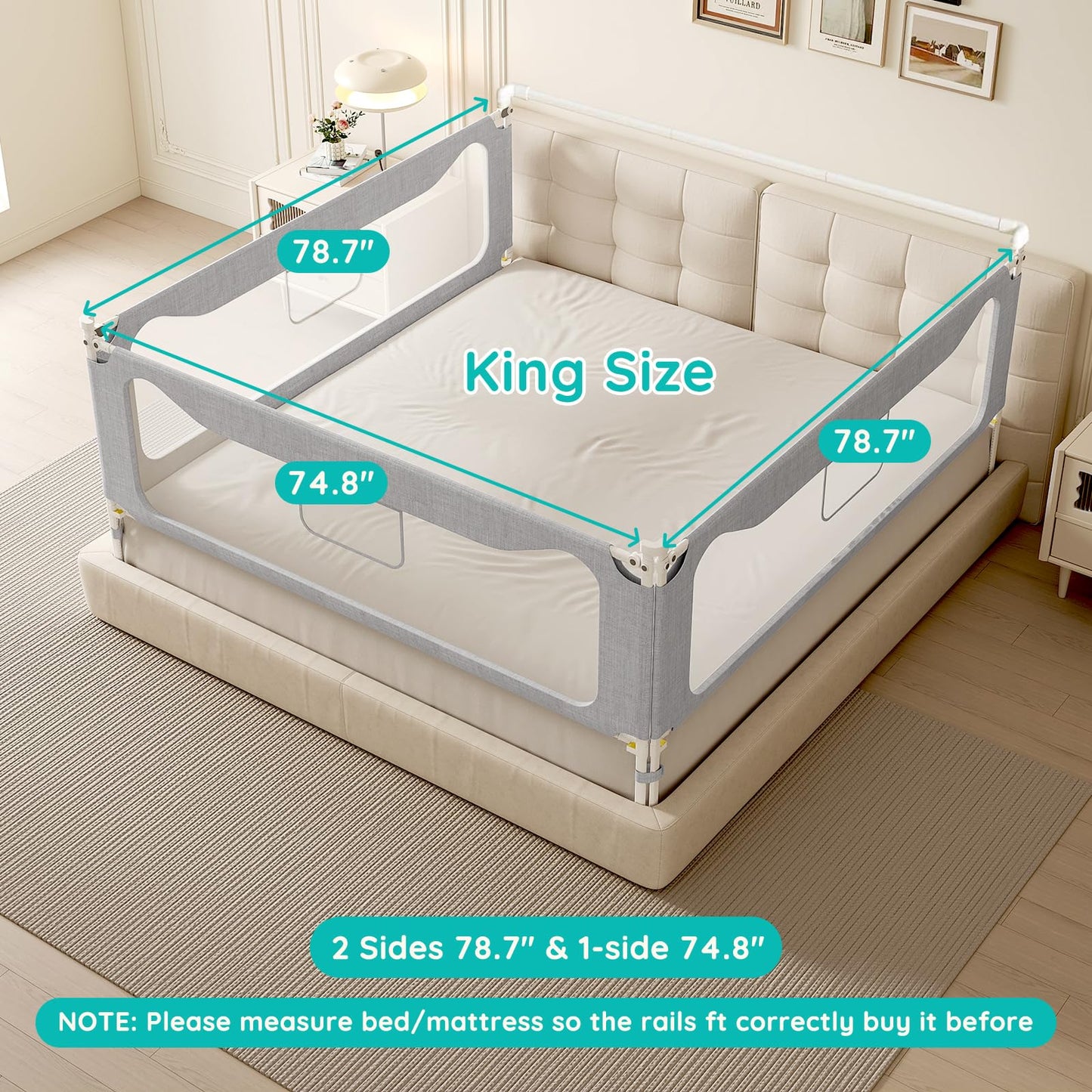 Updated King Size Bed Rail for Toddlers: 3-Side Protection Bedrail with Headbroad for King Bed - Extral Tall Adjustable Child Safety Side Railing Guards for Infants Kids Child(78.7x78.7X 74.8”)