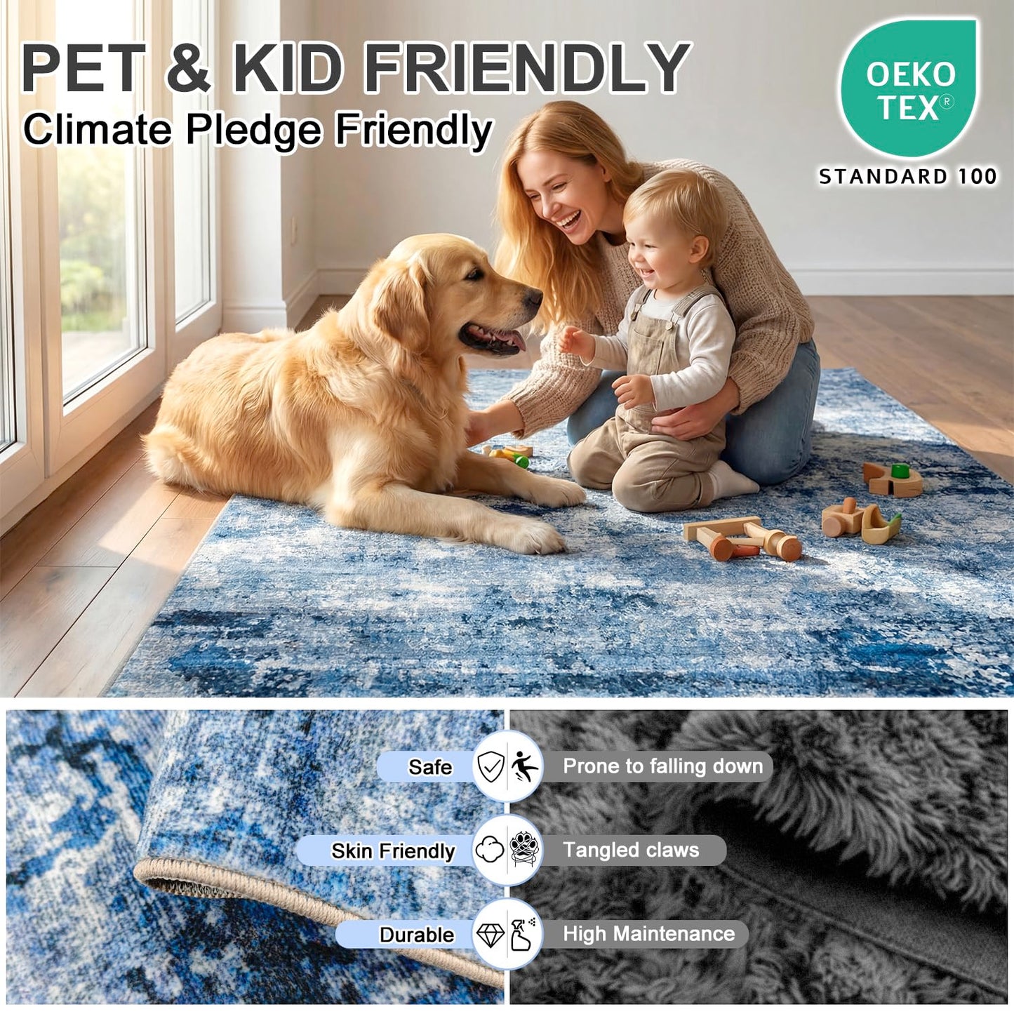 Cnythlis Washable Pet Friendly Area Rug, Water & Stain Resistant, 0.3" Low Pile, Foldable Abstract Rug, Non-Slip Cotton-Backed with Silicone Backing, for Bedroom Study Room, 5'x7', Navy Blue