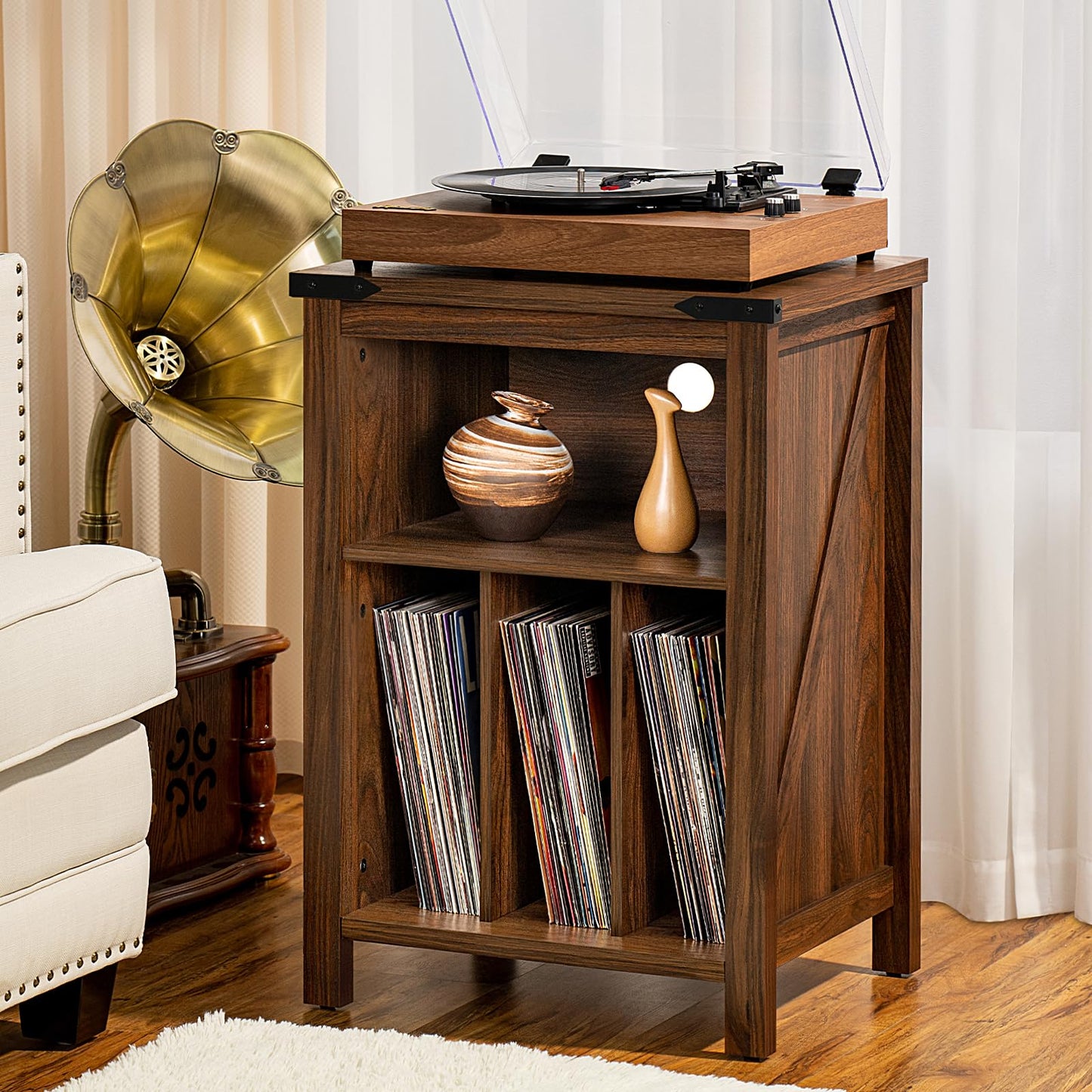 Joaxswe Record Player Stand with Vinyl Record Storage,Rustic Brown Record Player Table Holds up to 160 Albums,Large Wood Turntable Stand Cabinet Dispaly Shelf for Living Room,Bedroom,Office