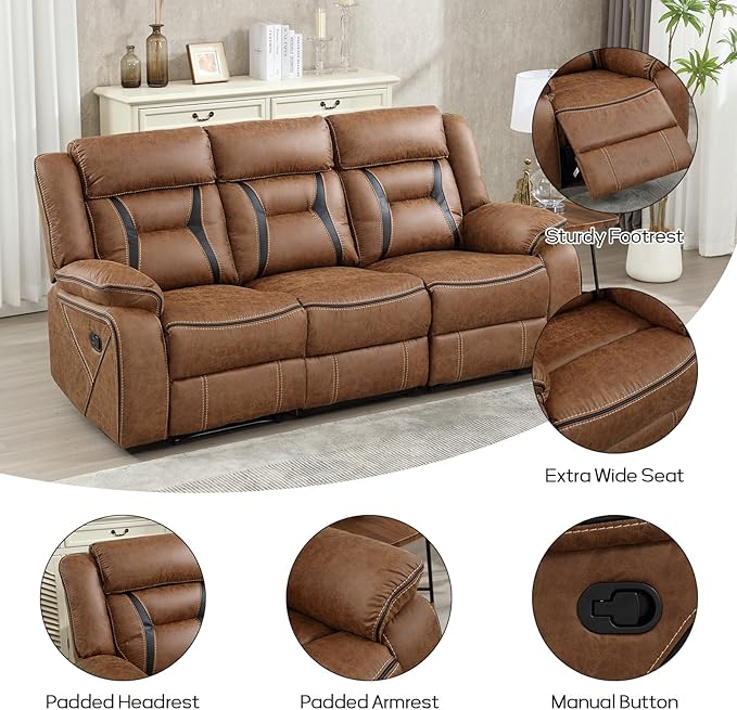 EBELLO Faux Leather Manual Reclining Sofa, 3 Seat Recliner Sofa Chair, Couch