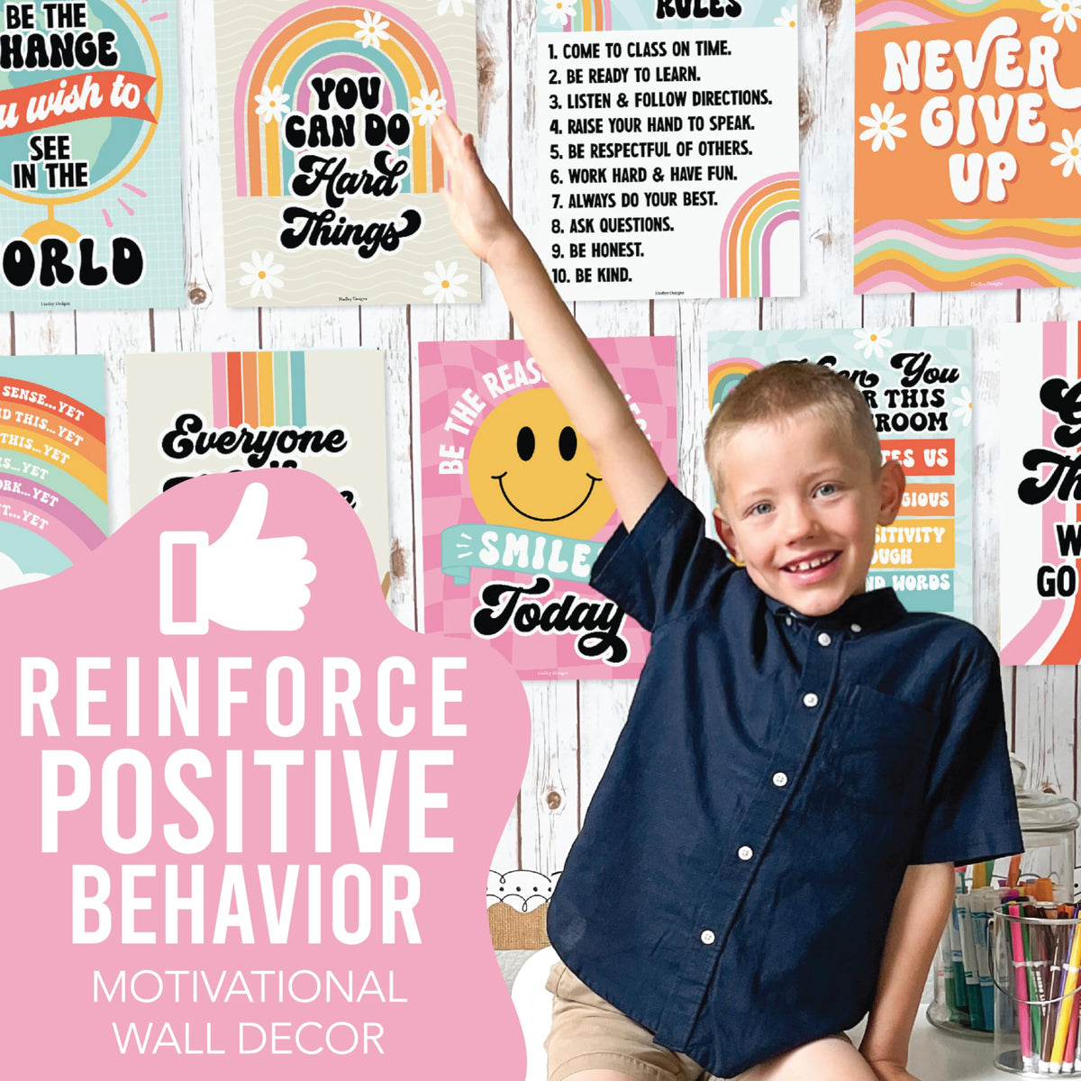 Hadley Designs Motivational Poster for Classroom Decor - 9 Growth Mindset Classroom Posters Elementary, Inspirational Wall Decor Middle School, Teacher Must Haves, Retro Bulletin Board Decorations