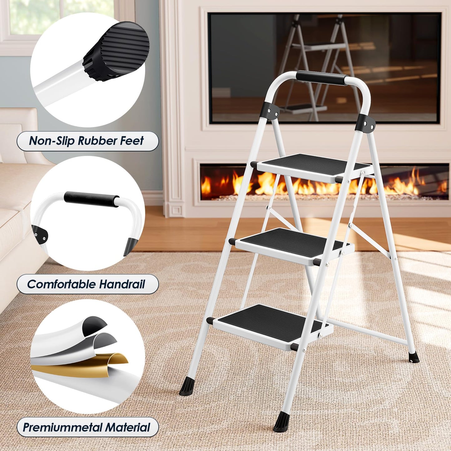 Urackify Step Ladder, 3 Step Ladder with Anti-Slip and Wide Pedal, Portable Foldable Step Stool with Handgrip, Sturdy Step Ladder for Home Kitchen Household, White