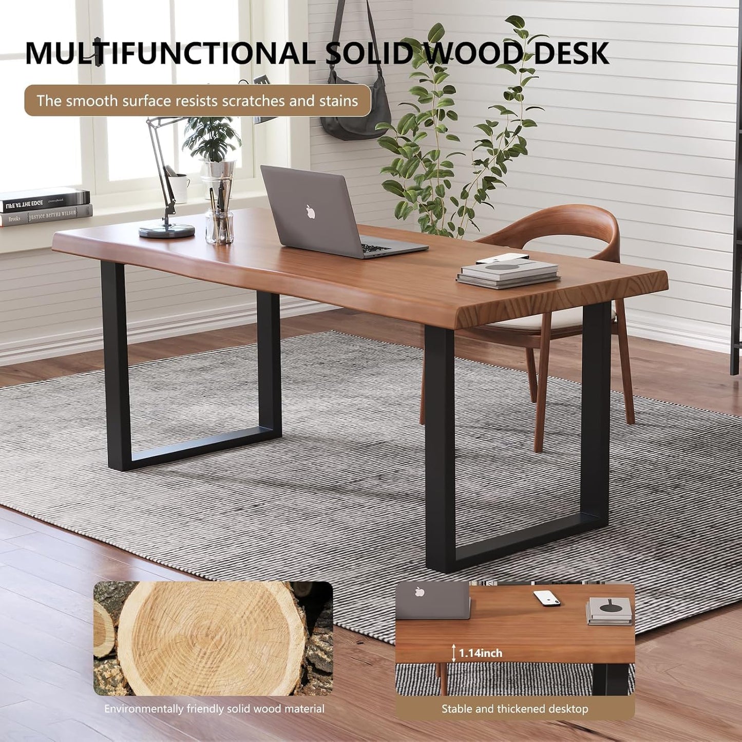 KunAndPeng Stylish Solid Wood Office Desk with Sturdy Metal Base - Durable Executive Computer Desk or Dining Table in Multiple Sizes - Perfect for Home Office and Work Environments (Tan62.99in)
