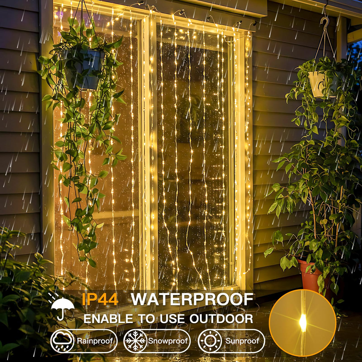 suddus Tangle-Free Curtain Lights,200 LED 6.5x6.5ft Hanging Lights with Hooks, Curtain Lights for Bedroom,Christmas, Dorm, Wall, Backdrop, Window, Wedding, Party, Birthday Decor, Warm White