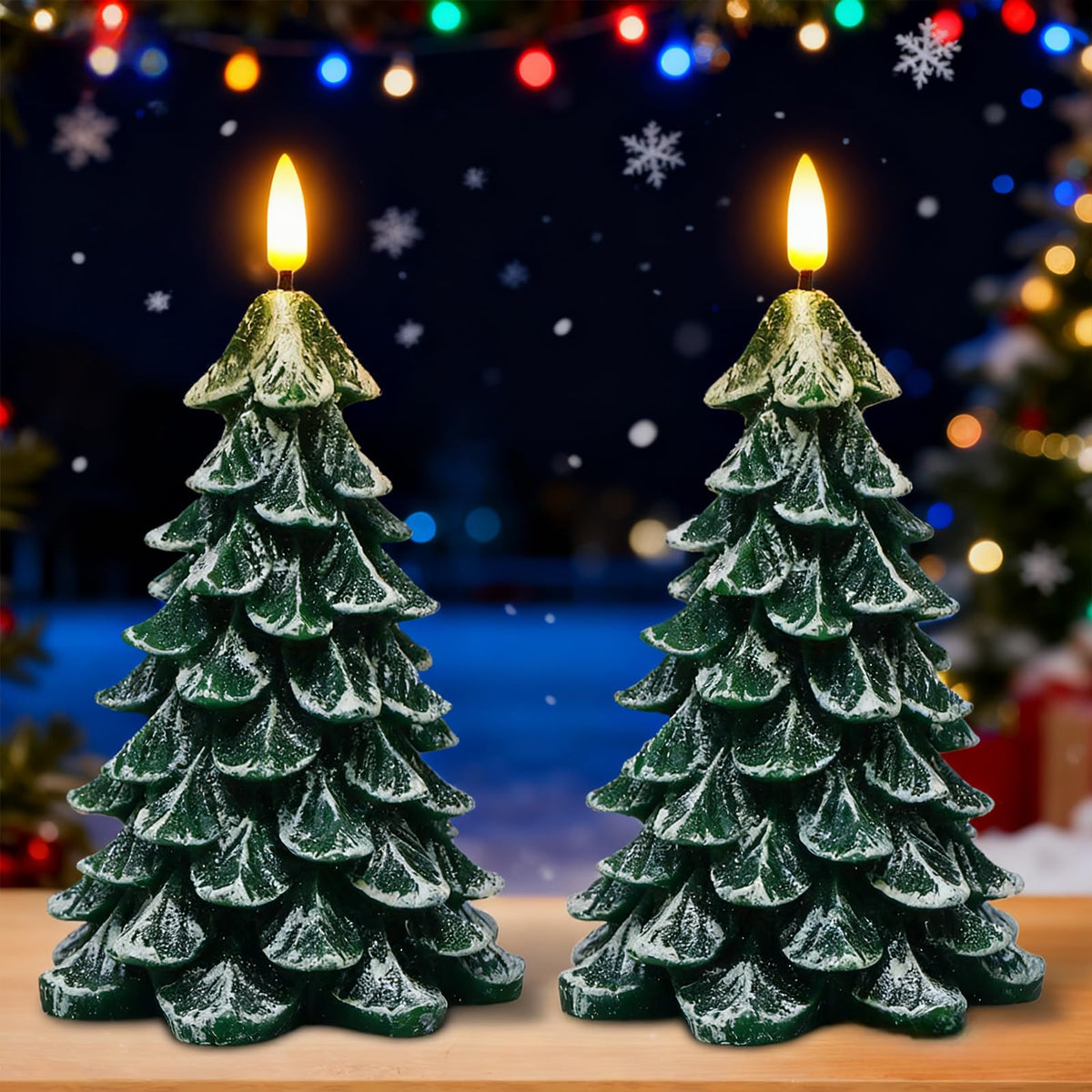 Wondise Christmas Tree Flameless Candles with 6H Timer, 2 Pcs Real Wax Battery Operated LED Candles Flickering, 3D Wick Green Electric Candles for Christmas Holiday Decorations