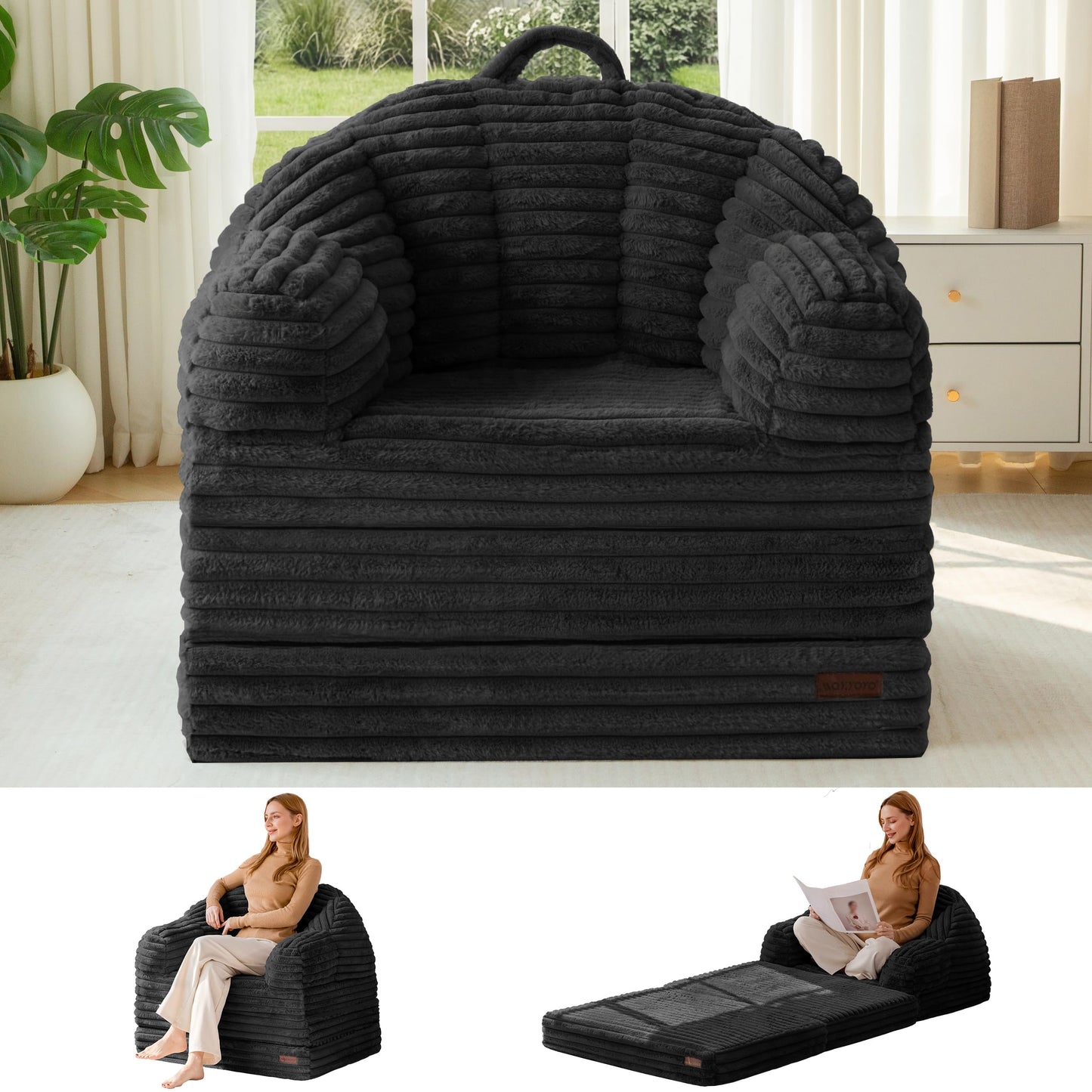 MAXYOYO Folding Sofa Bed, 2 in 1 Convertible Sofa to Lounger Comfy Faux Fur Bean Bag Chair for Adults, Floor Single Couch Chair with Handle, Couch Bed for Living Room Bedroom, Black