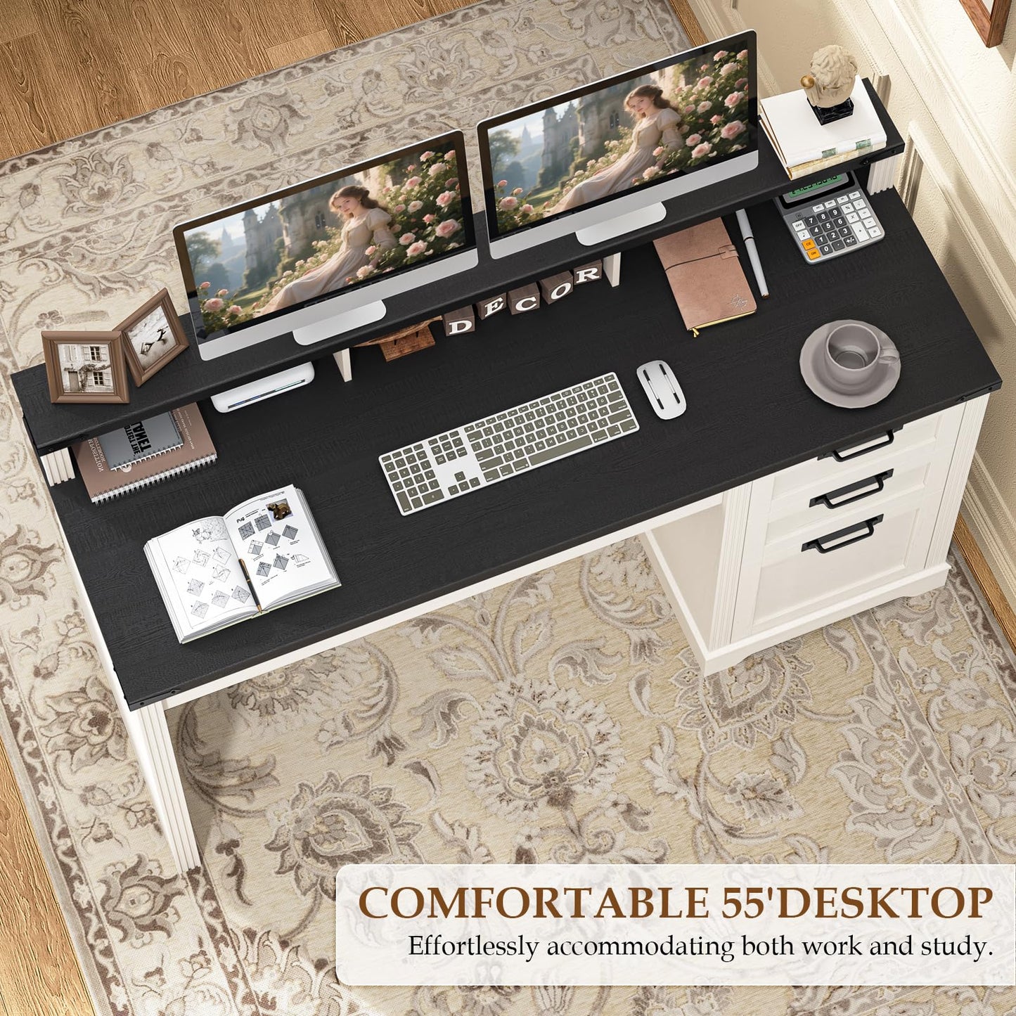 Halitaa Farmhouse Executive Desk with 3 Drawers, Computer Desk with File Drawer for A4 Sized Hanging Files, Home Office Desk for Living Room Study, Rustic White and Black