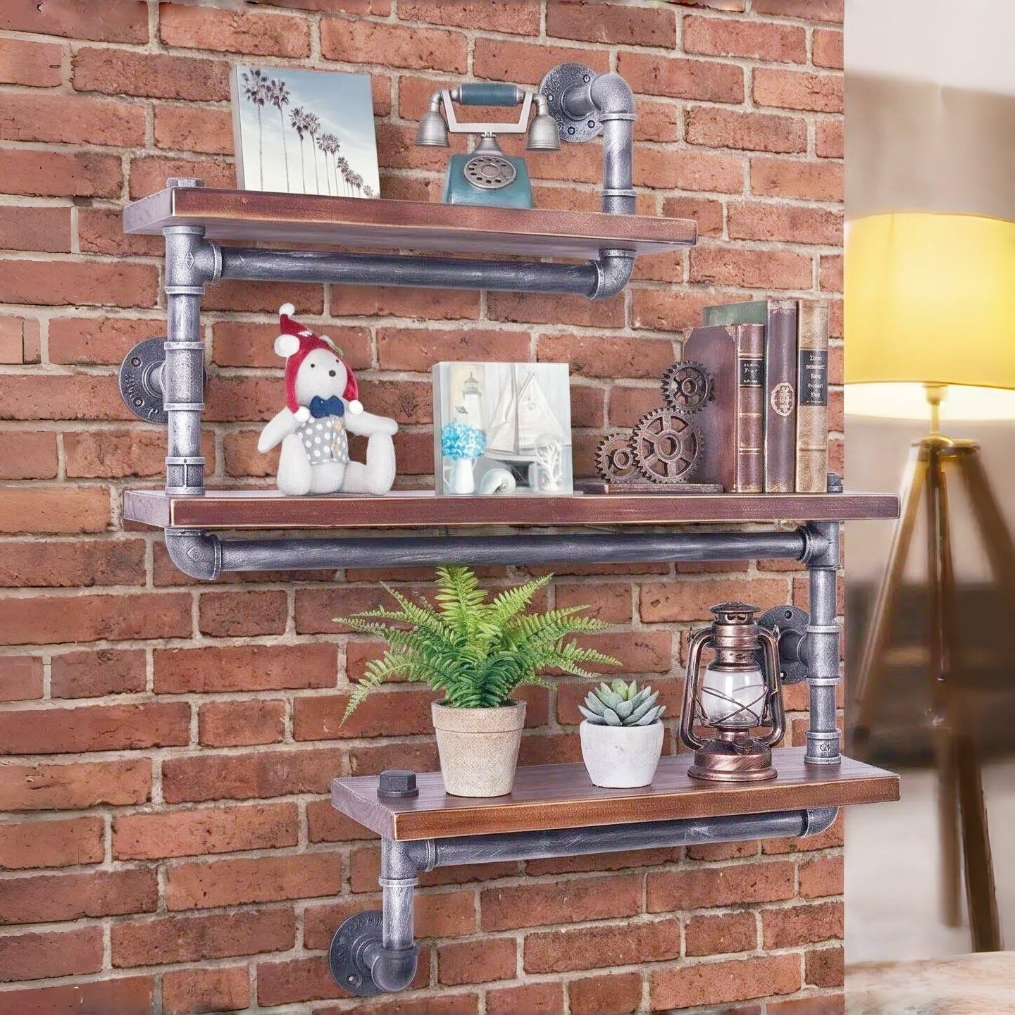 Diwhy Industrial Pipe 3 Tier Wall Mounted Floating Shelf, Rustic Wrought Iron Solid Wood Storage Display Shelf for Home Living Room Bedroom Decor