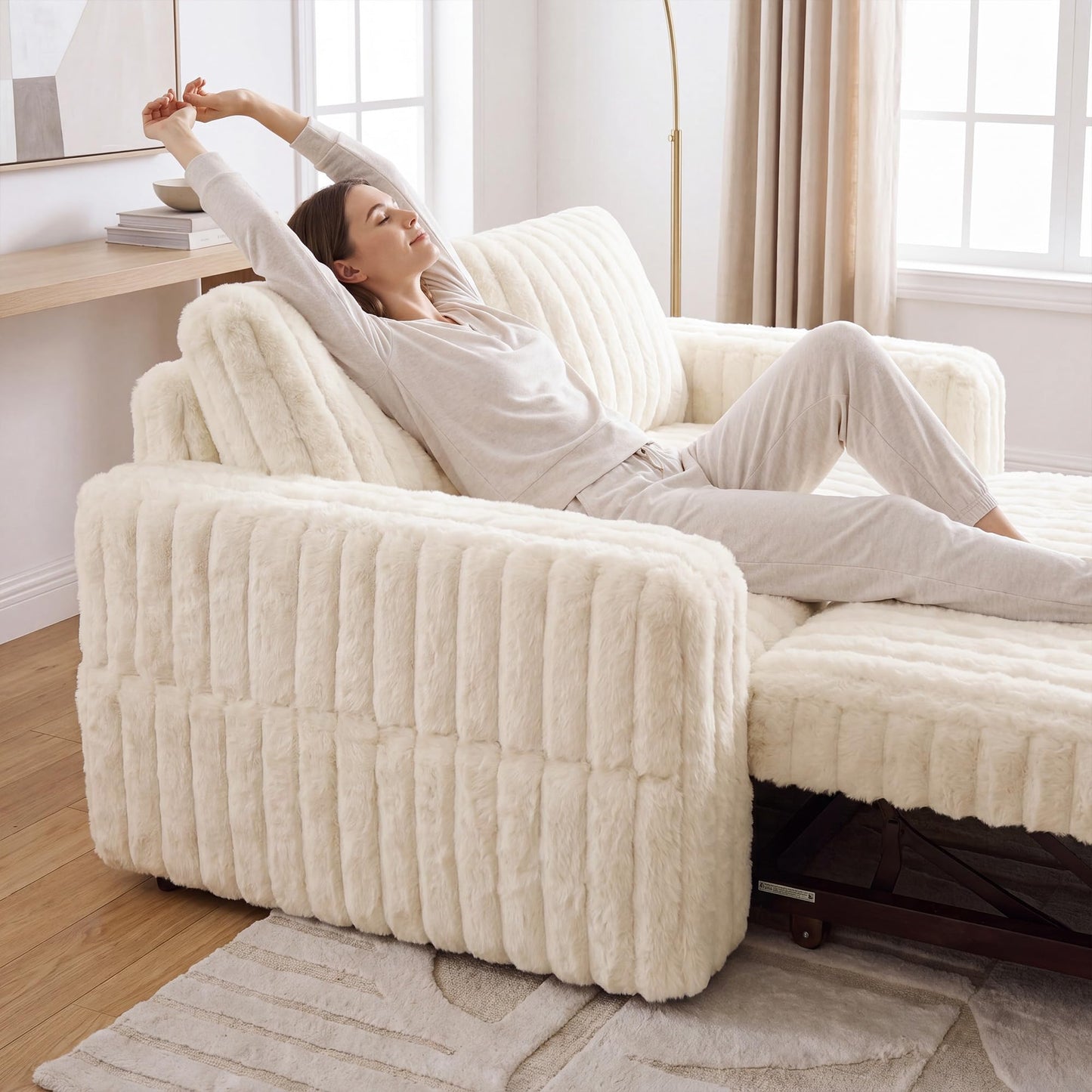 HONBAY Plush Corduroy Loveseat Sleeper Sofa,Modular Pull Out Sofa Bed,Couches for Living Room,Plush Beige