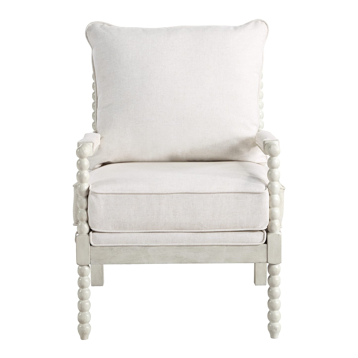 OSP Home Furnishings Kaylee Spindle Accent Chair with Antique White Wood Frame, White Linen Fabric