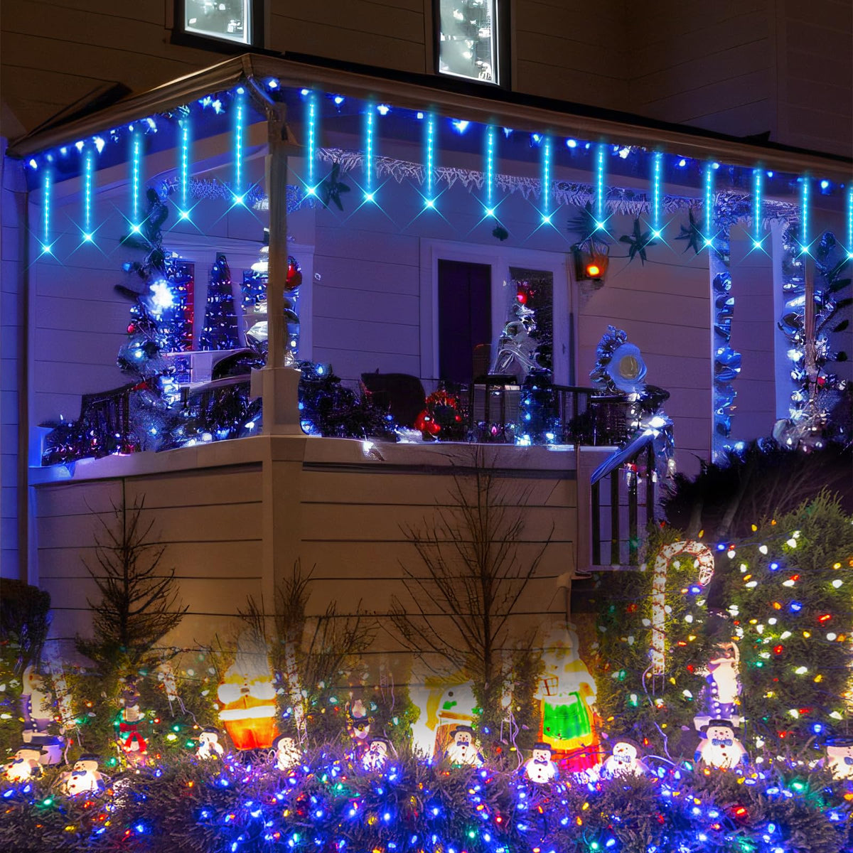 Outdoor Christmas Decorations, 24Tubes Meteor Shower Lights (Equal to 3 Sets of 8-Tubes) Ice Blue LED Icicle Christmas Lights for Halloween Xmas Decorations Tree Party Yard Outdoor