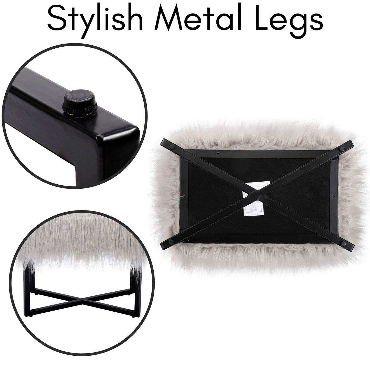 BIRDROCK HOME Rectangular Faux Fur Vanity Foot Stool Ottoman with Metal Legs - Small Soft Padded and Fluffy Makeup Seat or Foot Rest for Bedroom, Desk, or Dressing Table (Gray and Black)