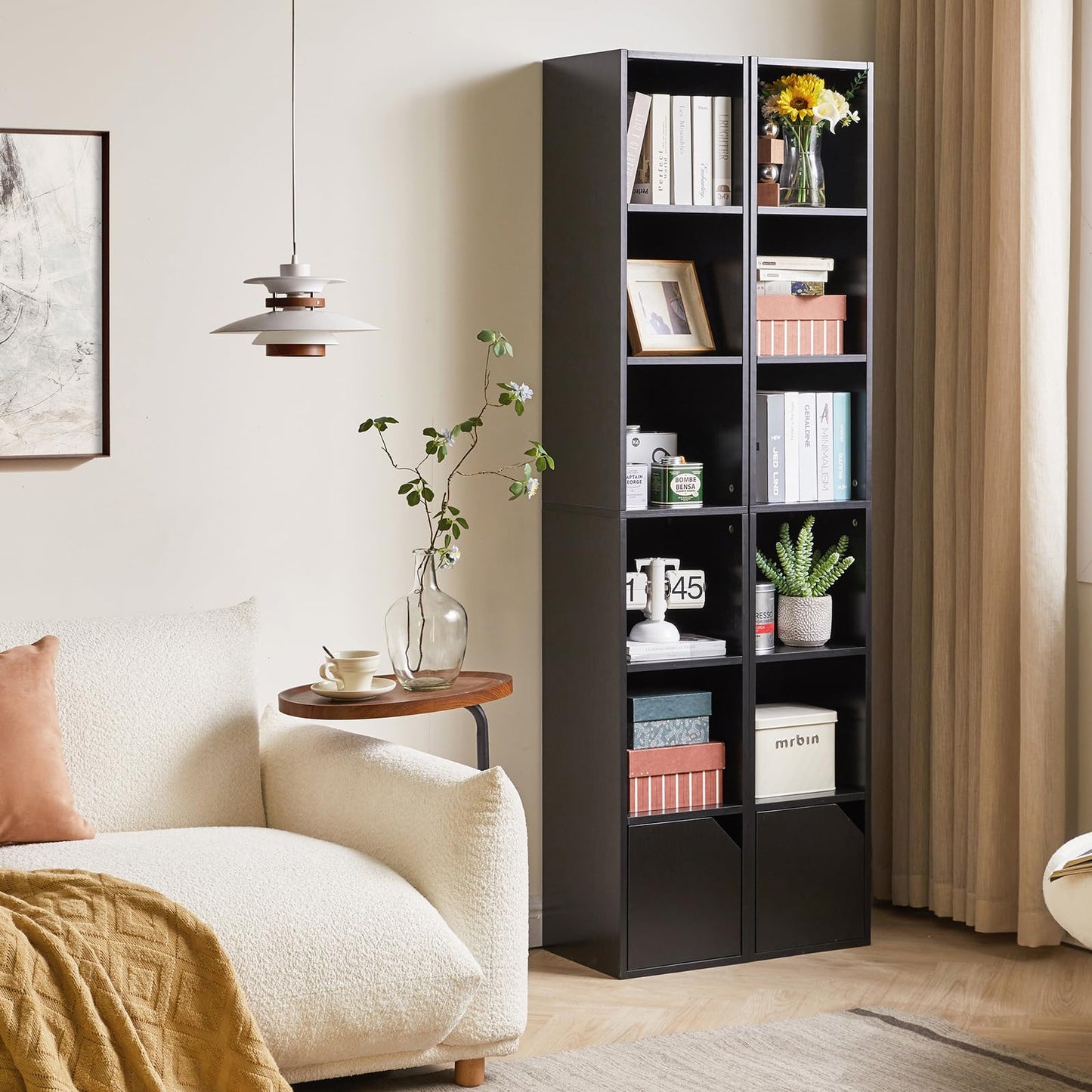 IBUYKE 6 Tier Narrow Bookcase with Doors, Cube CD DVD Storage Cabinet,Slim Media Tower Rack,Cabinet,Black Bookcase Display Storage Shelves for Small Spaces,for Home Office Black UWBC001B