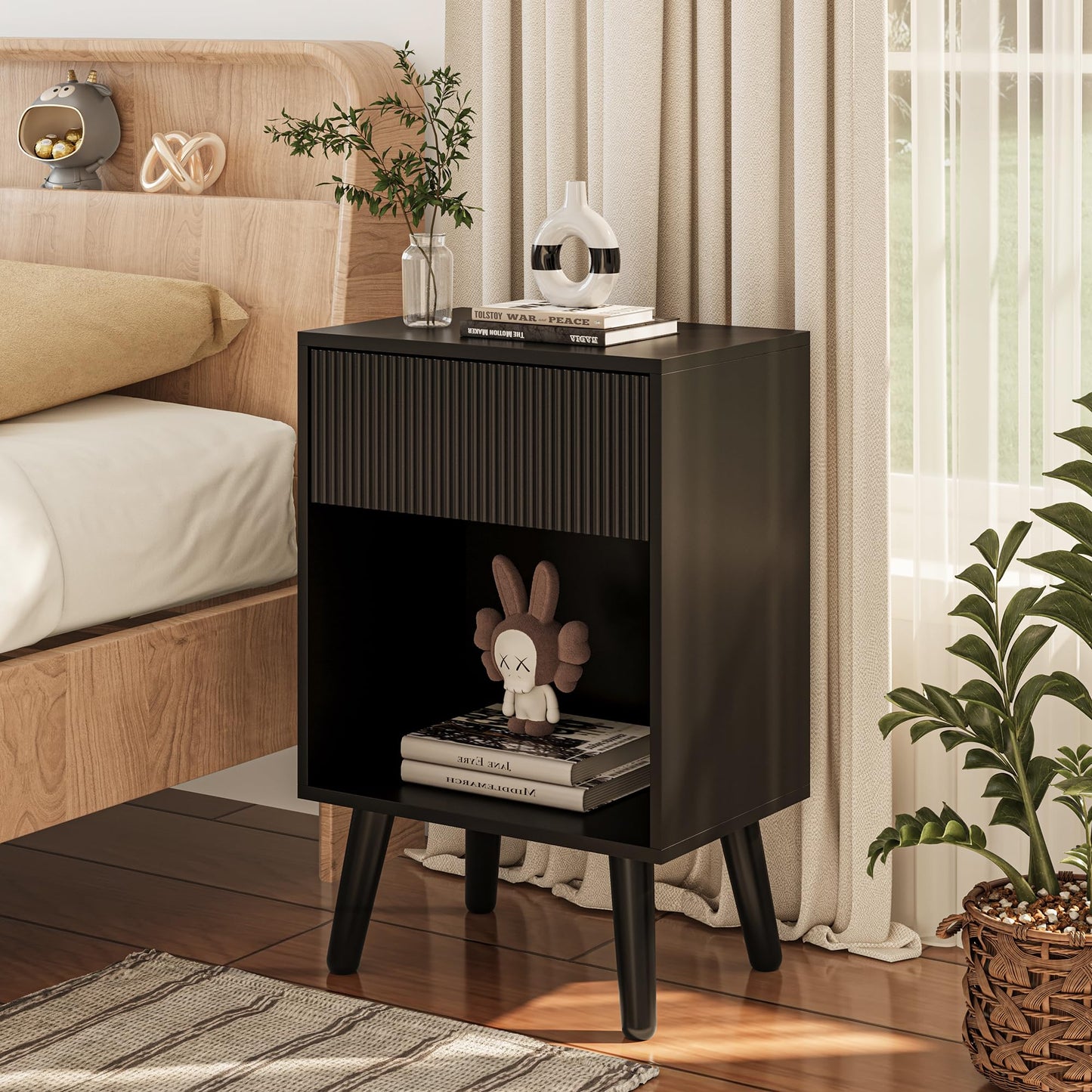 Nightstand, Modern Bedside Table with Storage Drawers and Open Wood Shelf, Night Stand with Solid Wood Legs, End Tables Side Tables for Living Room, Bedroom Black