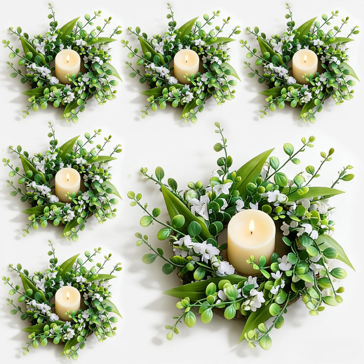 6 Pcs Green Boxwood Candle Rings Wreaths Mini Spring Summer Forsythia Wreath for Front Door Artificial Rings Wreaths with White Flowers for Pillar Porch Wall Window Farmhouse All Seasons Decor