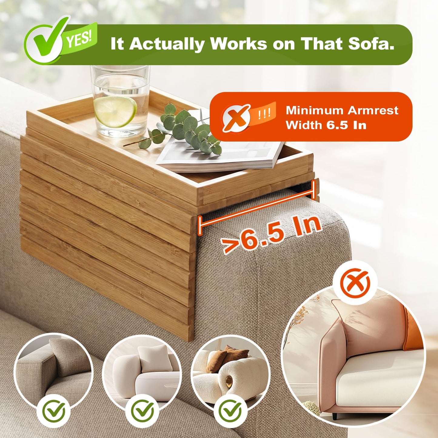 B-Zefyrn Sofa Arm Tray, Foldable Bamboo Couch Armrest Table with Large 12.5" x 5.8" Storage Compartment, Portable Chair Couch Caddy Arm Tray for Cup TV Snacks Phone