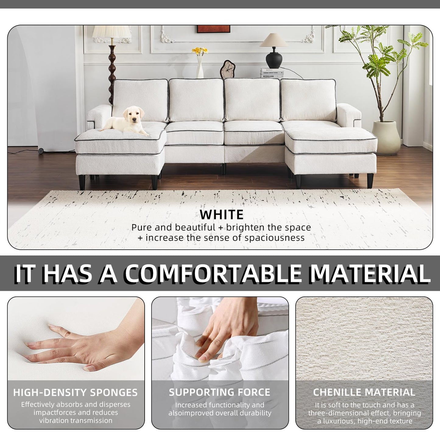 Cloud Couch - Luxurious White Chenille Fabric 102.36Inch U-Shaped Sectional Sofa for Living Room, Small Spaces, and Modern Homes - High-Density Sponge, 1000 lbs Weight Capacity (White)