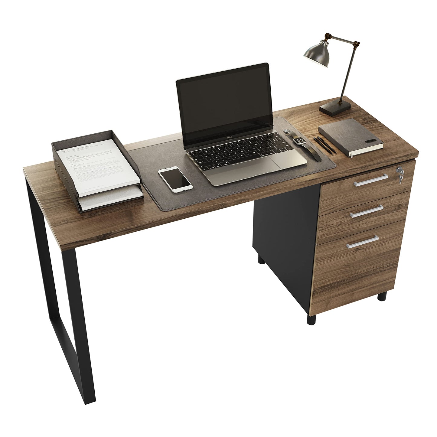 Modern Design Milano Office Computer Desk with 3 Locking Drawers, 48 Inch Walnut and Black Industrial Wood Desk with Filing Drawer and Storage By Crafts and Comfort