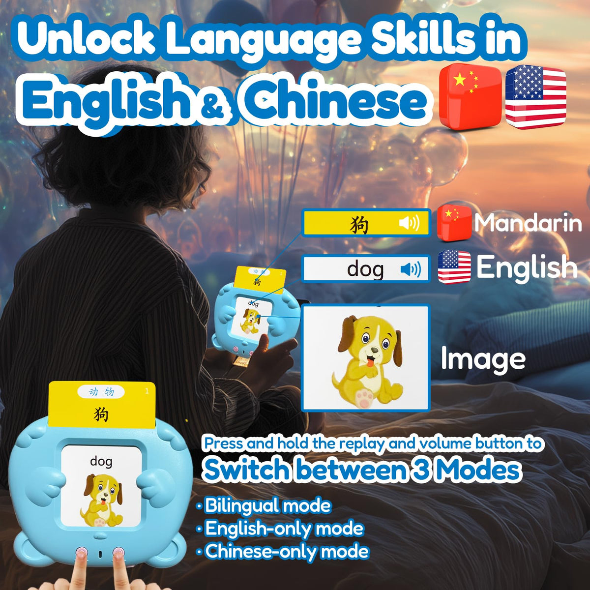 MoLingvora Bilingual Talking Flash Cards for Kids - Mandarin English Flashcards Children Adults, 510 Sight Words, ABC Alphabet, Pocket Speech for Toddlers, Audible Sensory Toys (Chinese, Blue)